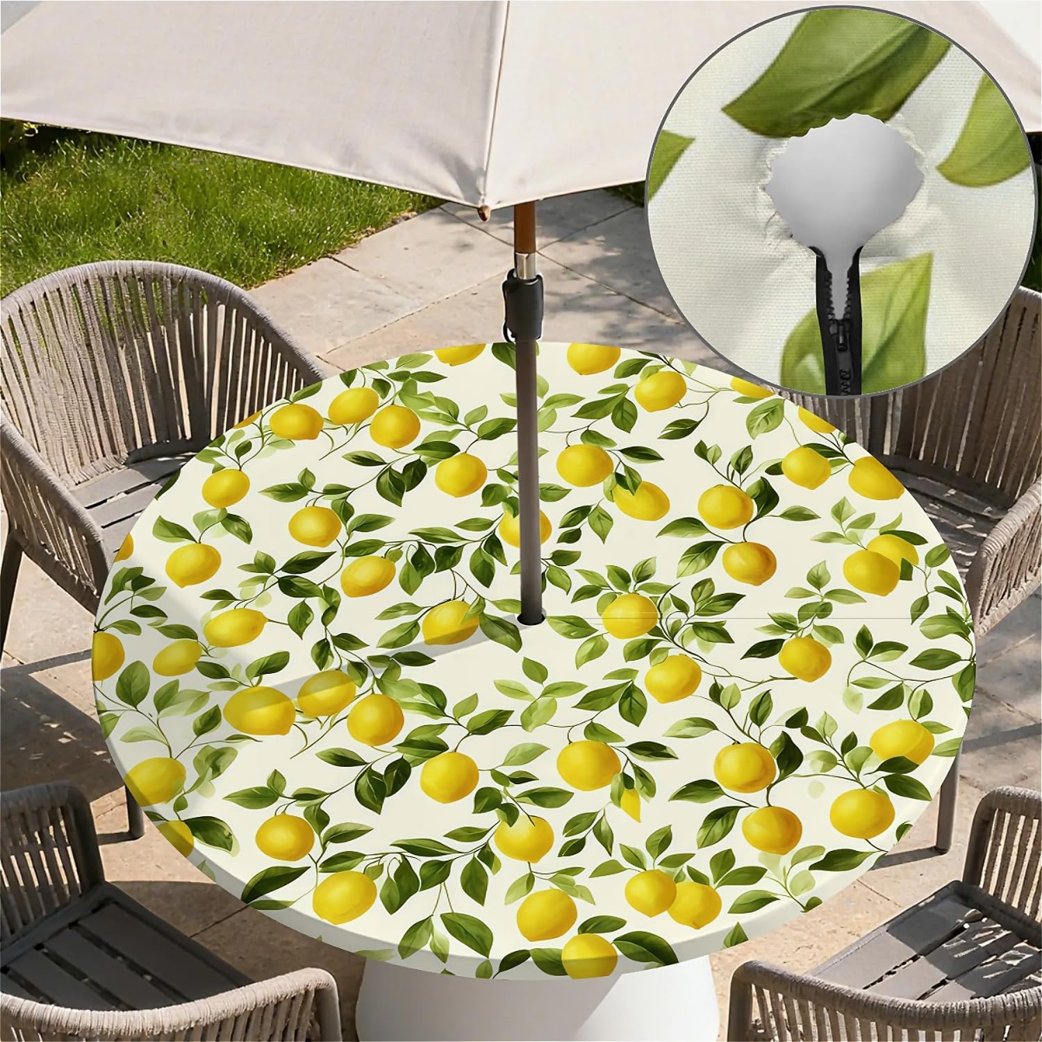 Nappe Ronde Exterieur avec Trou de Parapluie,Citron modèle Nappe de Jardin Lavable et Facile à Nettoyer, avec Ourlet élastiqué, idéale pour terrasse, Balcon et Jardin. Ø 90 cm.