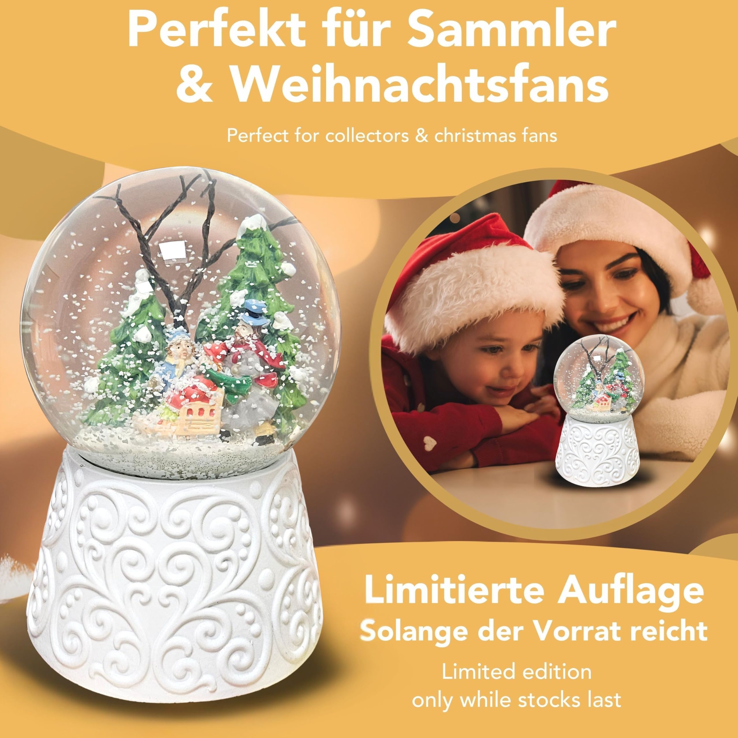 Schneekugel Weihnachten mit Musik | Winterspaziergang mit Familie | Sockel weiß Nostalgie | H: 14cm B: 10 cm | Schüttelkugel Weihnachten Winter mit Spieluhr | 20150