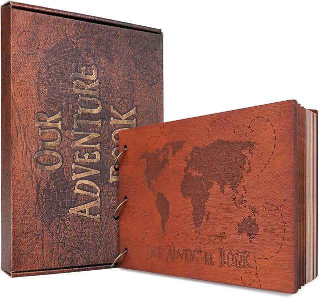 Our Adventure Book 3D Wooden Scrapbook Photo Album, Retro Travelling Journal Memory Book For Anniversary,For Christmas Wedding Gift,60 Pages+ 19 Scrapbook Stickers