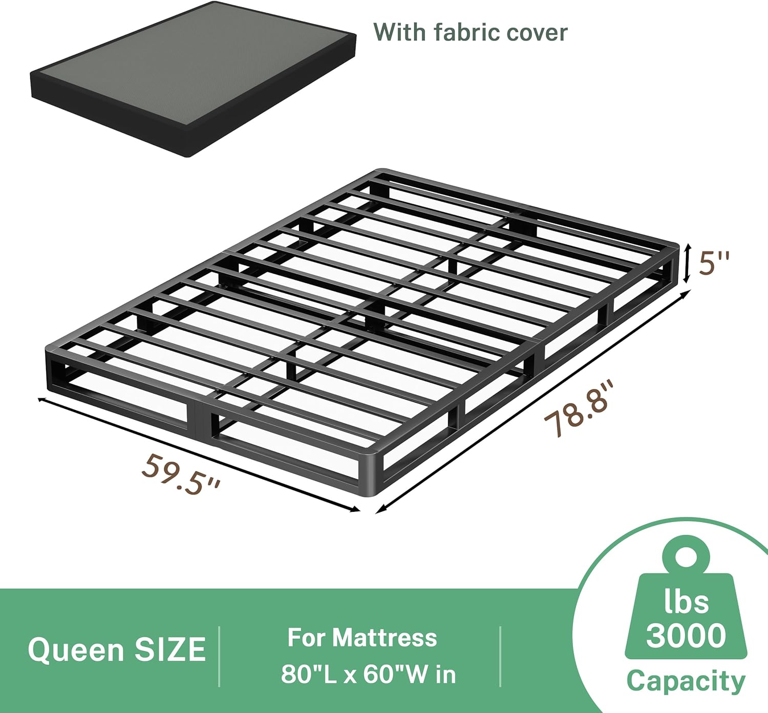VIPSHOW 5 Inch Queen Metal Bed Frame Round Corner Low Platform Bed Frames 3000 LBS Heavy Duty Steel Slats Support Mattress Foundation No Box Spring Needed, Noise Free, Easy Assembly, Black