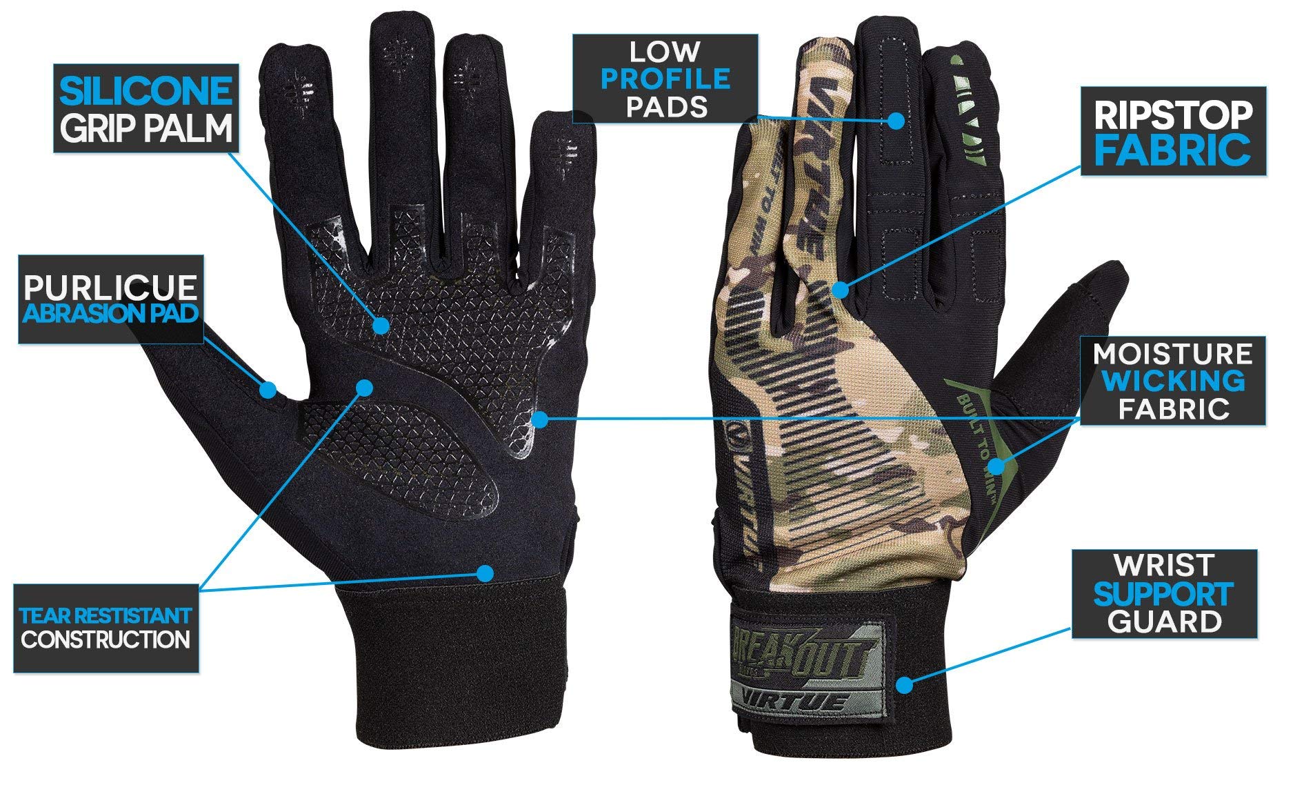 VIRTUE Breakout Gloves - Ripstop Full Finger Paintball Gloves - Camo (XL)