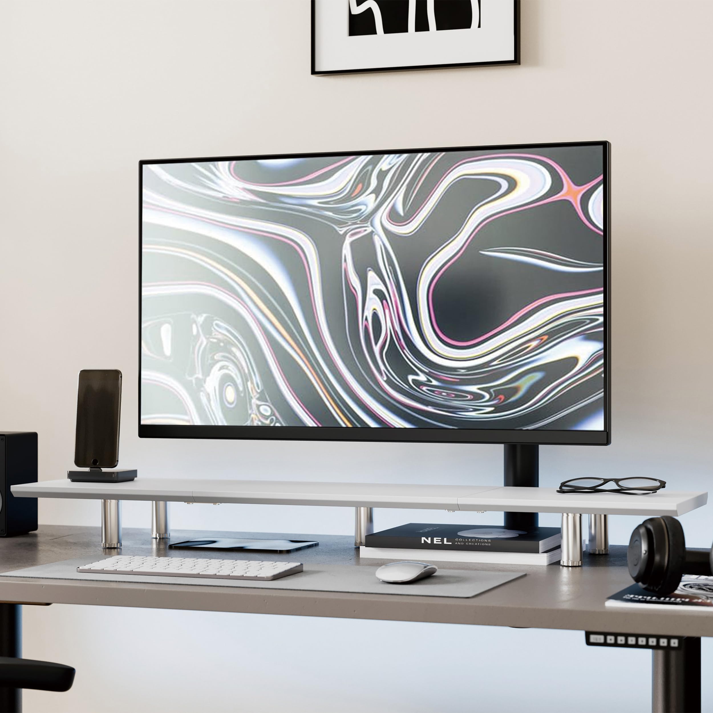 Fenge Monitorständer, 100cm, Höhenverstellbar, Laptop PC TV, Weiß | 2 Geräte, Bis 45kg, 5 Metallfüße, Rutschfeste Füße, Für Bildschirm Computer Drucker Schreibtisch Büro Zuhause, Organizer