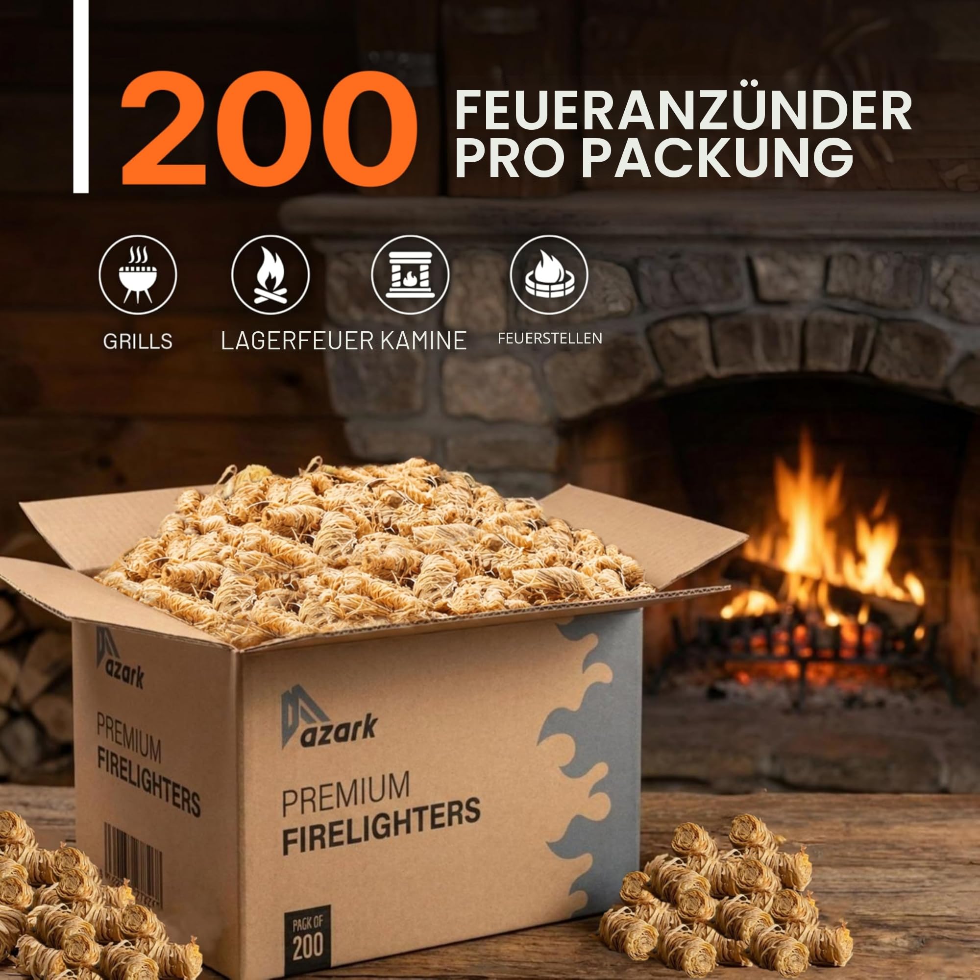 Premium Feueranzünder aus Naturholz, umweltfreundlich, Holzkohleanzünder, Holzwolle Feuerstarter für Grill, Pizzaöfen & Smoker sauber, sicher und geruchsneutral, 200 Stück, Holz