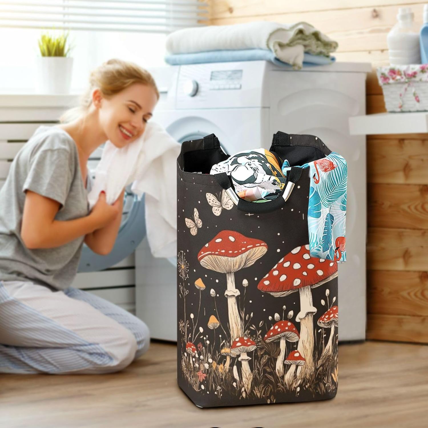 Red Mushrooms Large Laundry Hamper Basket, Collapsible Laundry Bag Storage Bins Baskets with Handles for Laundry, Bedroom, Home Decor