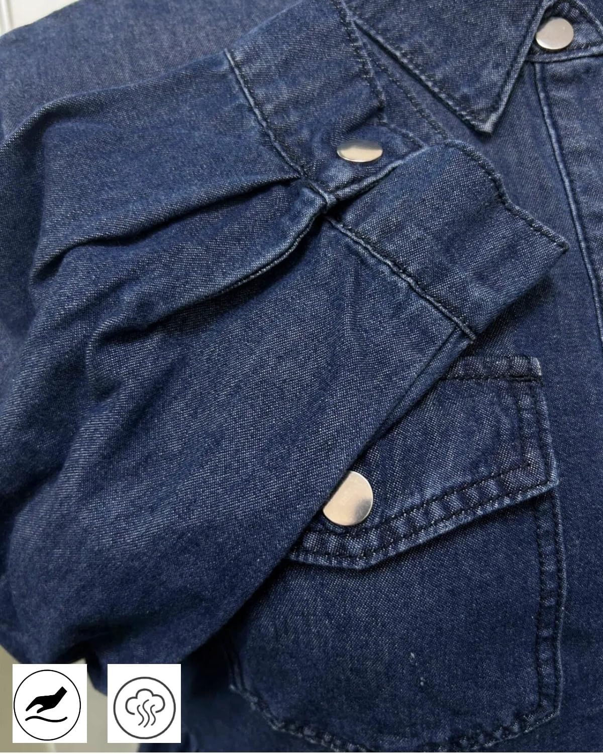 Women‘s Flowy Denim Dress A Line Ruffle Midi Jean Dresses Vacation Puff Long Sleeve Button Down Lapel Neck Casual Dress - Image 3