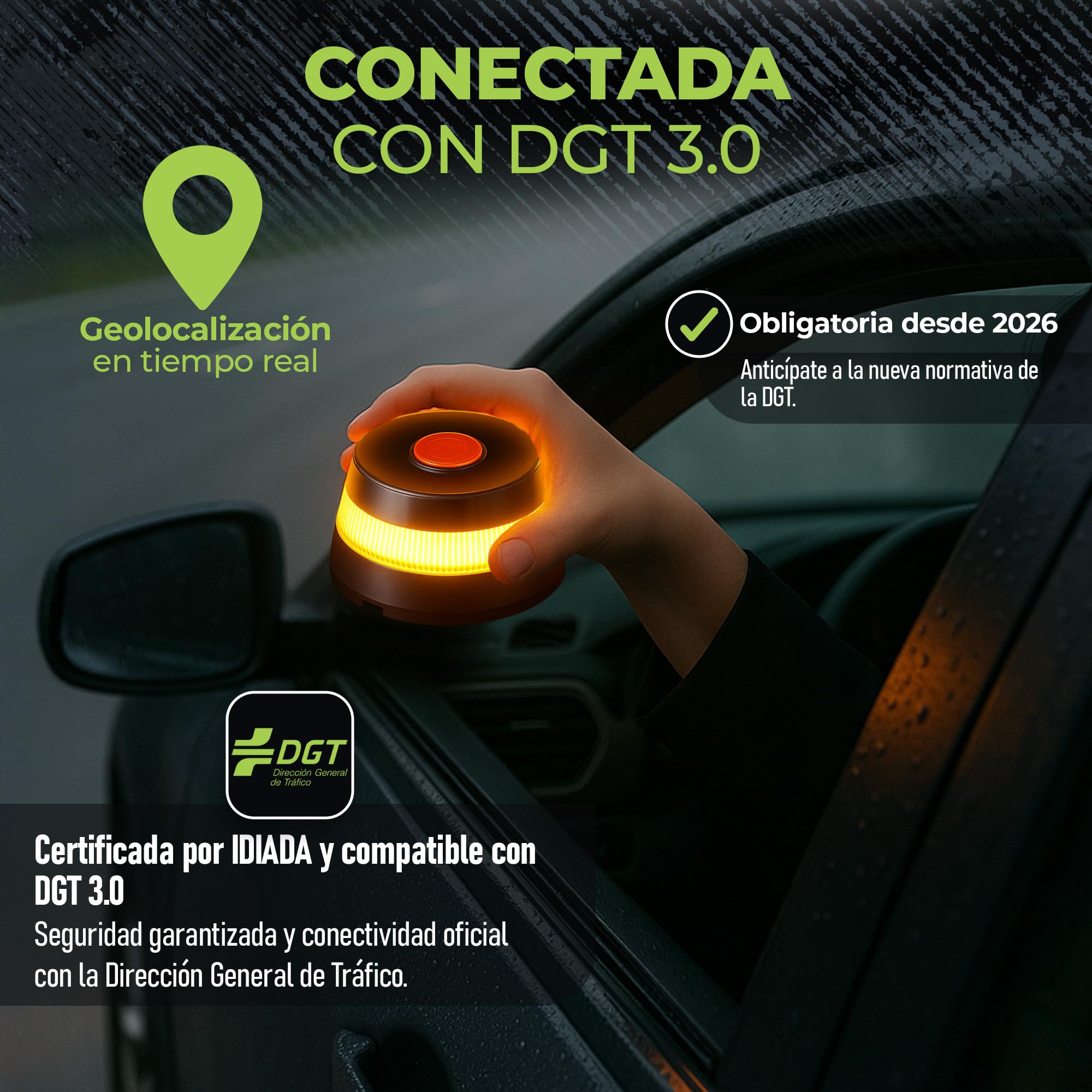 WORLD PRODUCTS STORE- Baliza V16 Homologada DGT con Geolocalización DGT 3.0 – Luz de Emergencia Coche Obligatoria desde 2026 con eSIM -Datos Incluidos Telefonica Tech– Visibilidad 360° 1 km — view 3