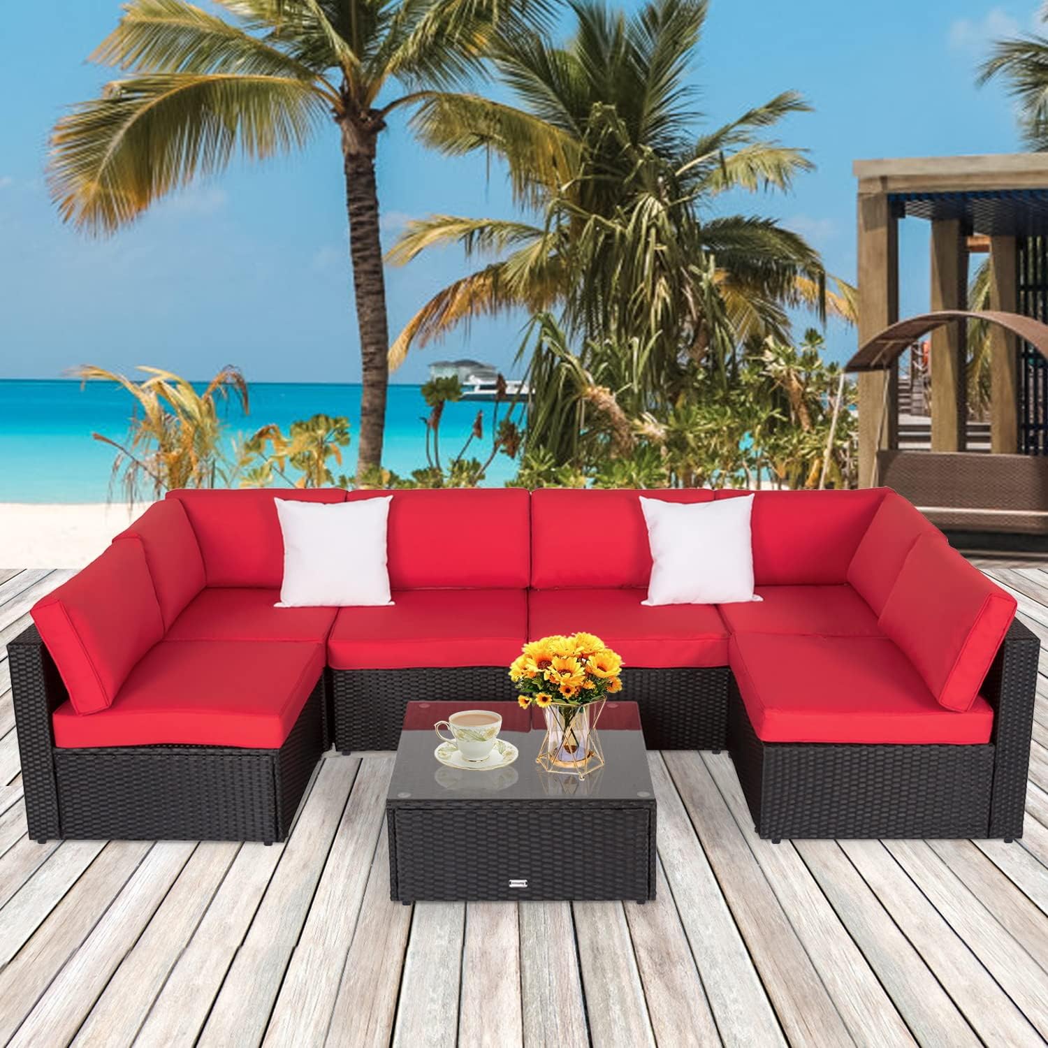 kinbor 7 Pieces Patio Furniture Set Outdoor Sectional Sofa Wicker Rattan