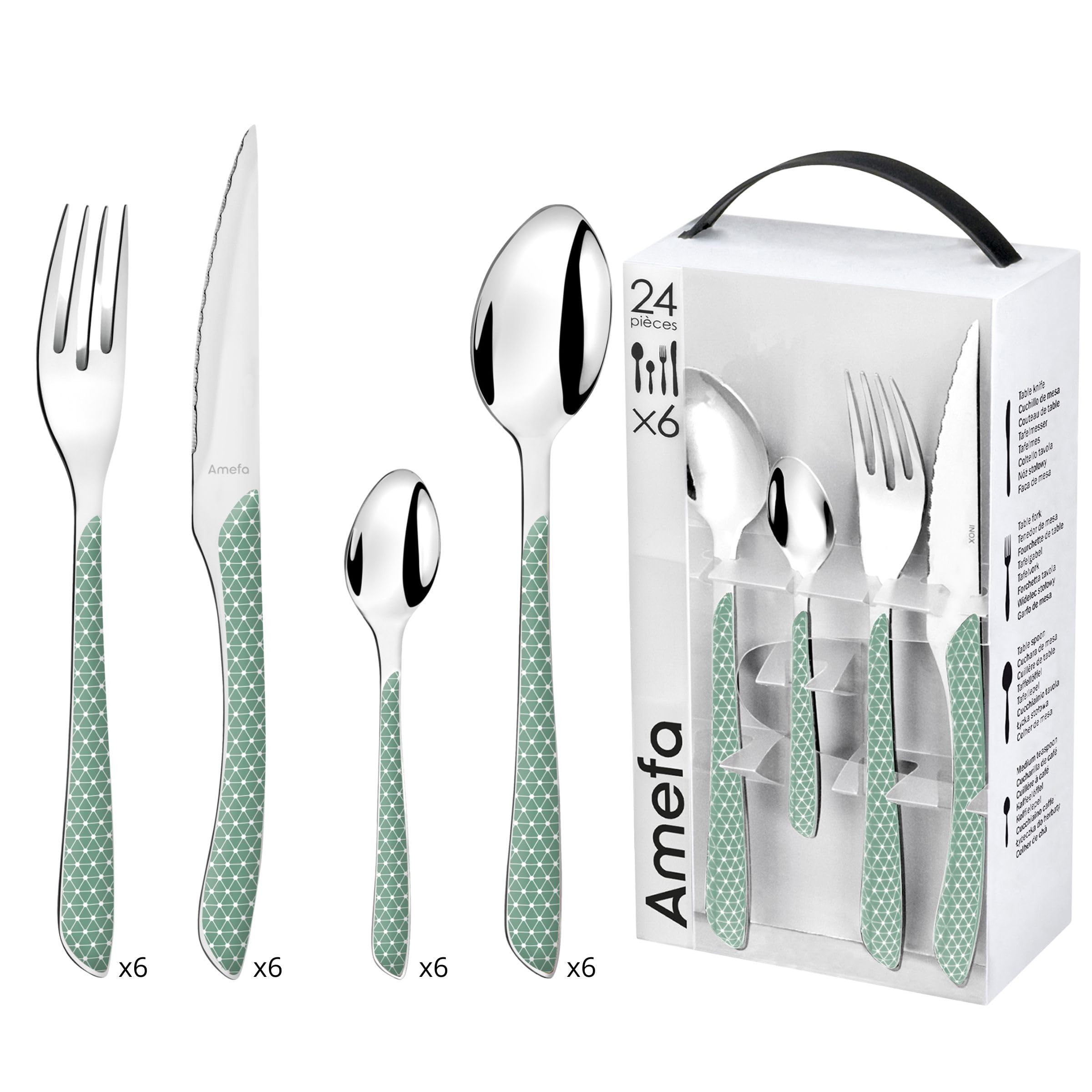 Amefa ECLAT Cubertería de 24 Piezas para 6 Personas, Acero Inoxidable, Vert & Blanc