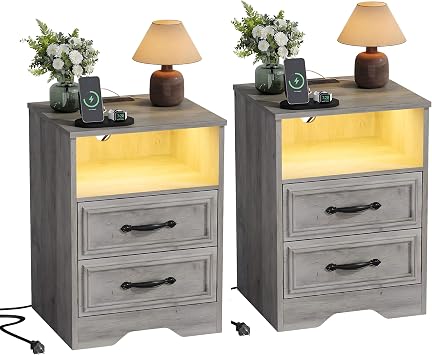 HolliWill Farmhouse Grey Night Stand Set of 2 with Charging Station & LED Light, End Table with 2 Drawers & Open Shelf, Bed Side Table with 2 AC Outlets, USB/USB-C for Bedroom, Living Room