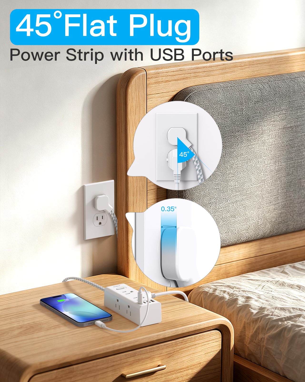 One Beat Surge Protector Power Strip, 5 Ft Flat Plug Extension Cord, 900J — Amazon image 4