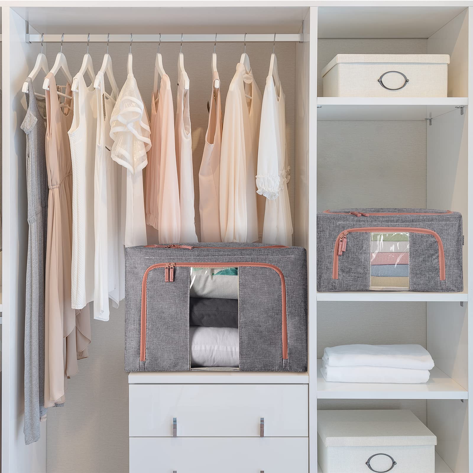 Hivexagon Bolsa de almacenamiento de ropa, Conjunto de organizadores Plegables para Bolsas -Soporte de Metal Incorporado, Cremallera de doble apertura, Lino de algodón grueso 3x66L