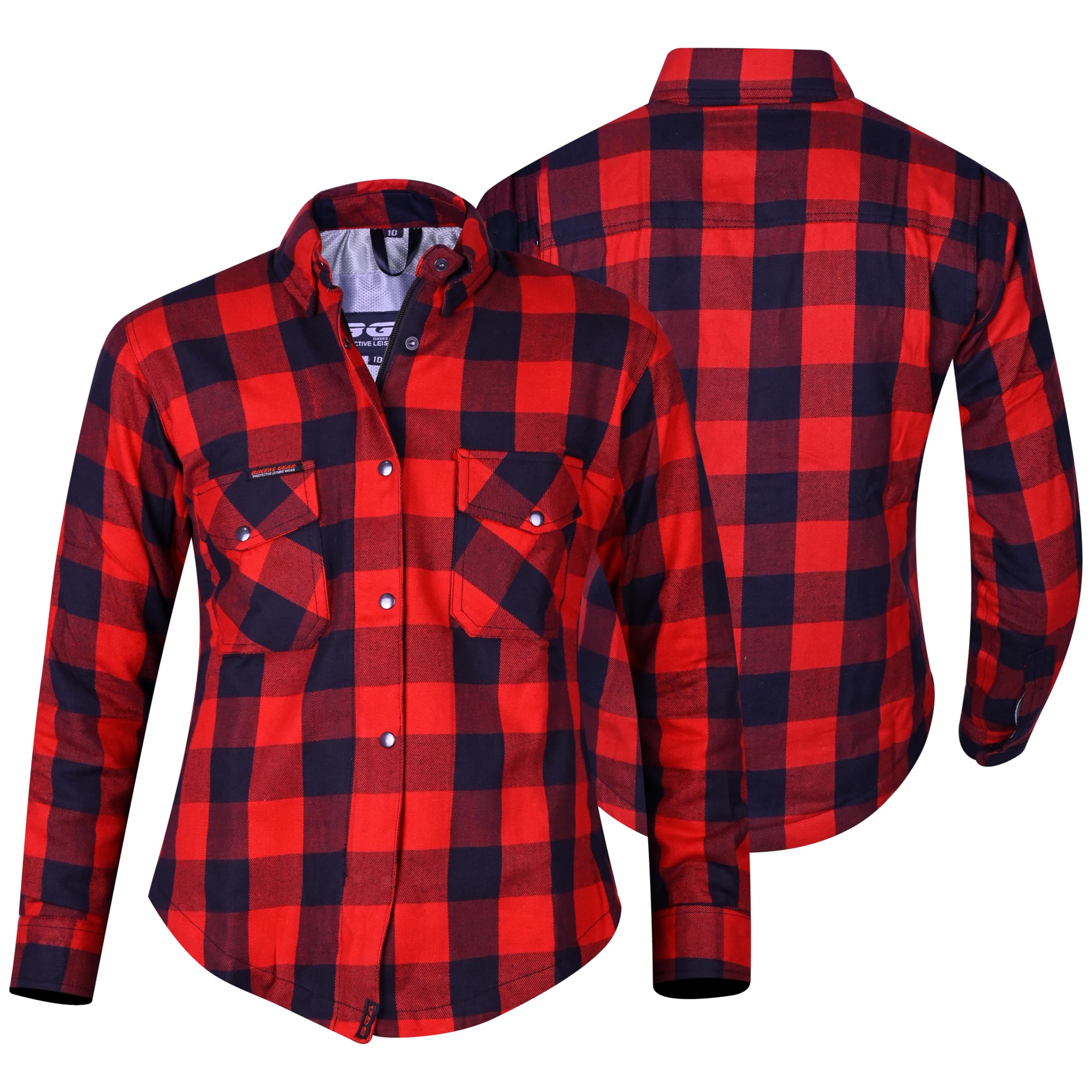 BIKERS GEAR AUSTRALIA PHILLIP ISLAND BG Women's Motorcycle Shirt - Kevlar Armoured Shirt with CE Approved Armour, Red, Regular, Large, Long Sleeve