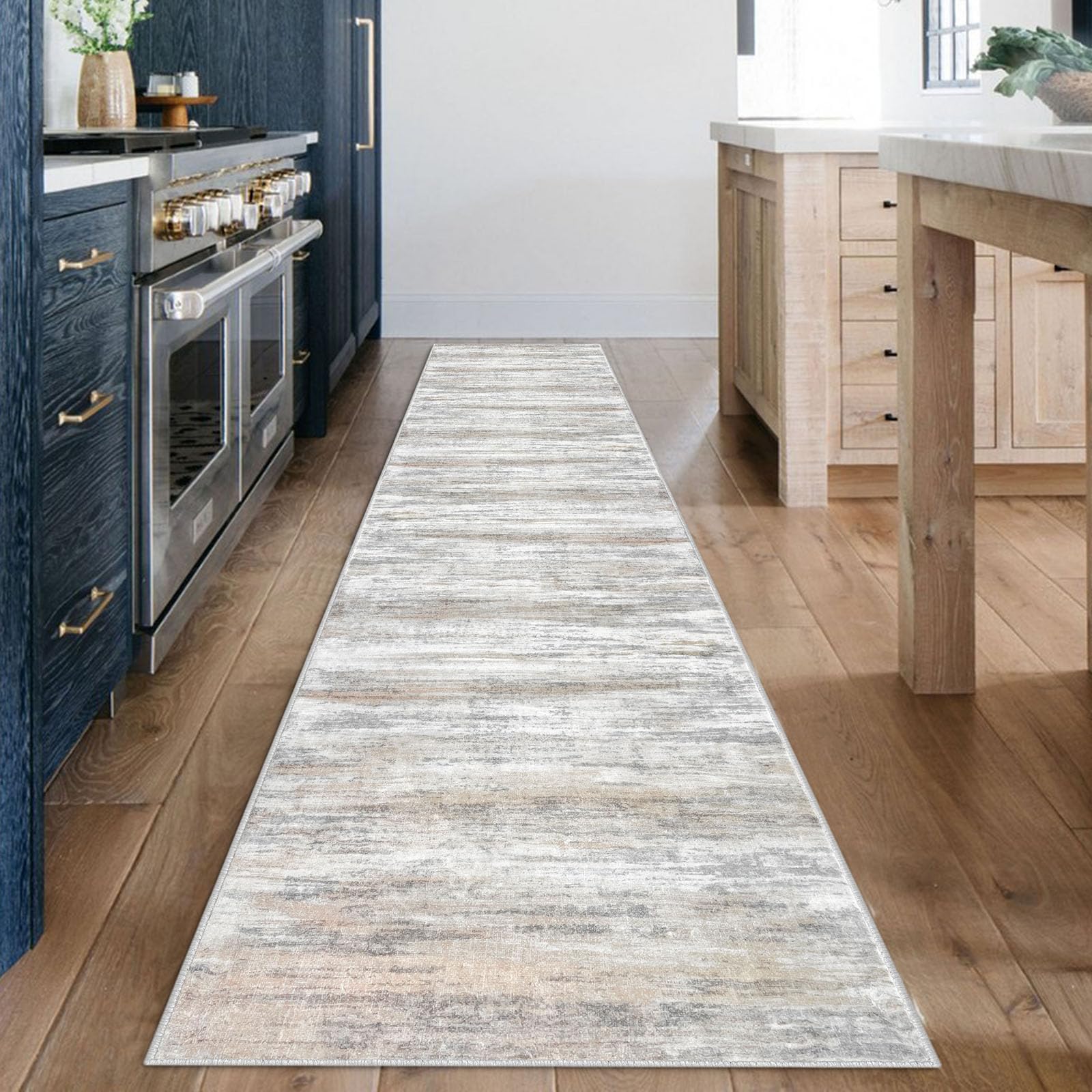 KOZYFLY Modern Abstract Kitchen Runner Rug, 2x12 Washable Rug Runner Non-Slip Soft Striped Hallyway Runner Rugs, Beige Print Distressed Carpet Runner for Entryway Bathroom Laundry Room Foyer
