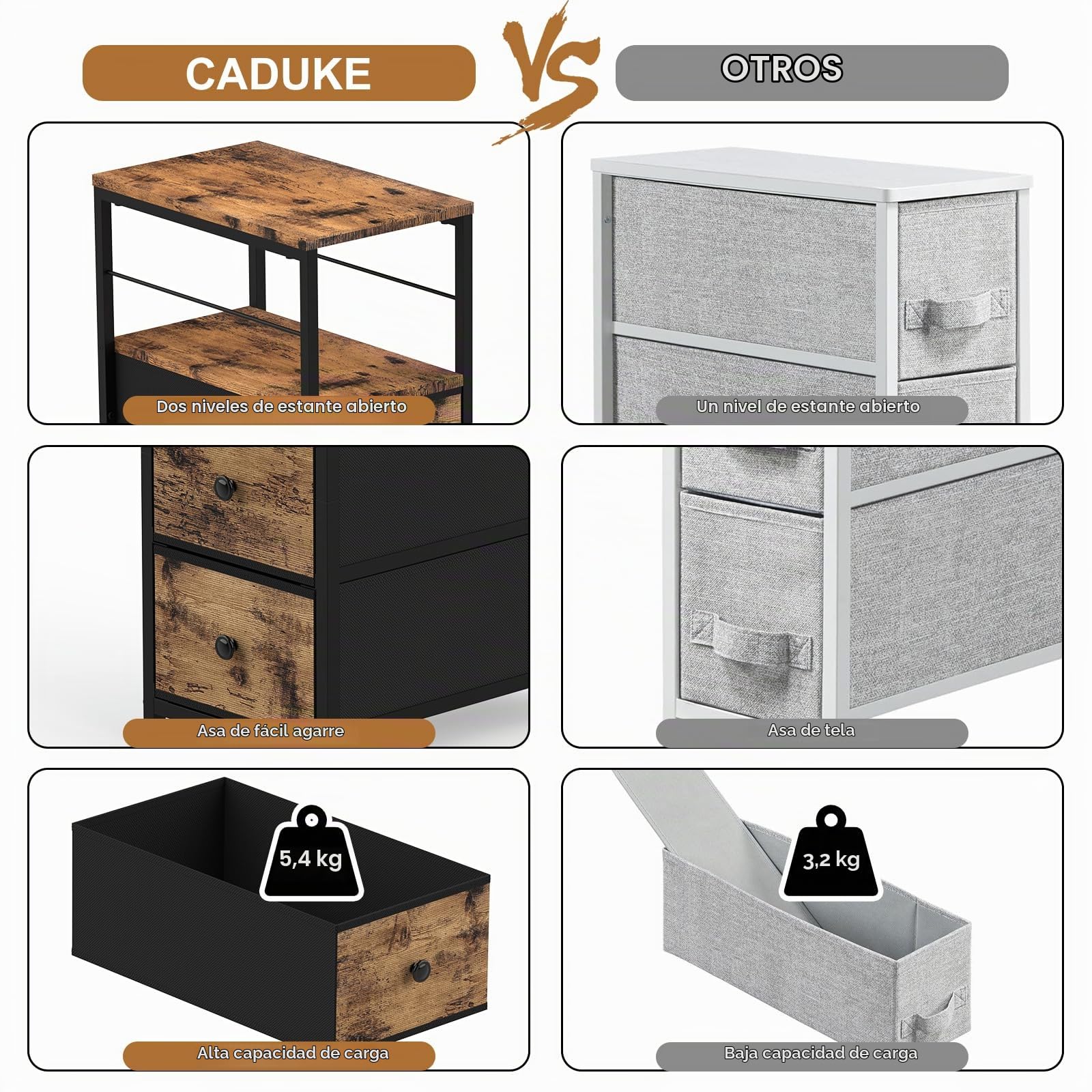 CADUKE Cómoda estrecha, torre de almacenamiento de 4 cajones, marrón rústico | Parte superior de madera, marco de metal resistente, cajones delgados para dormitorio, baño, sala de estar