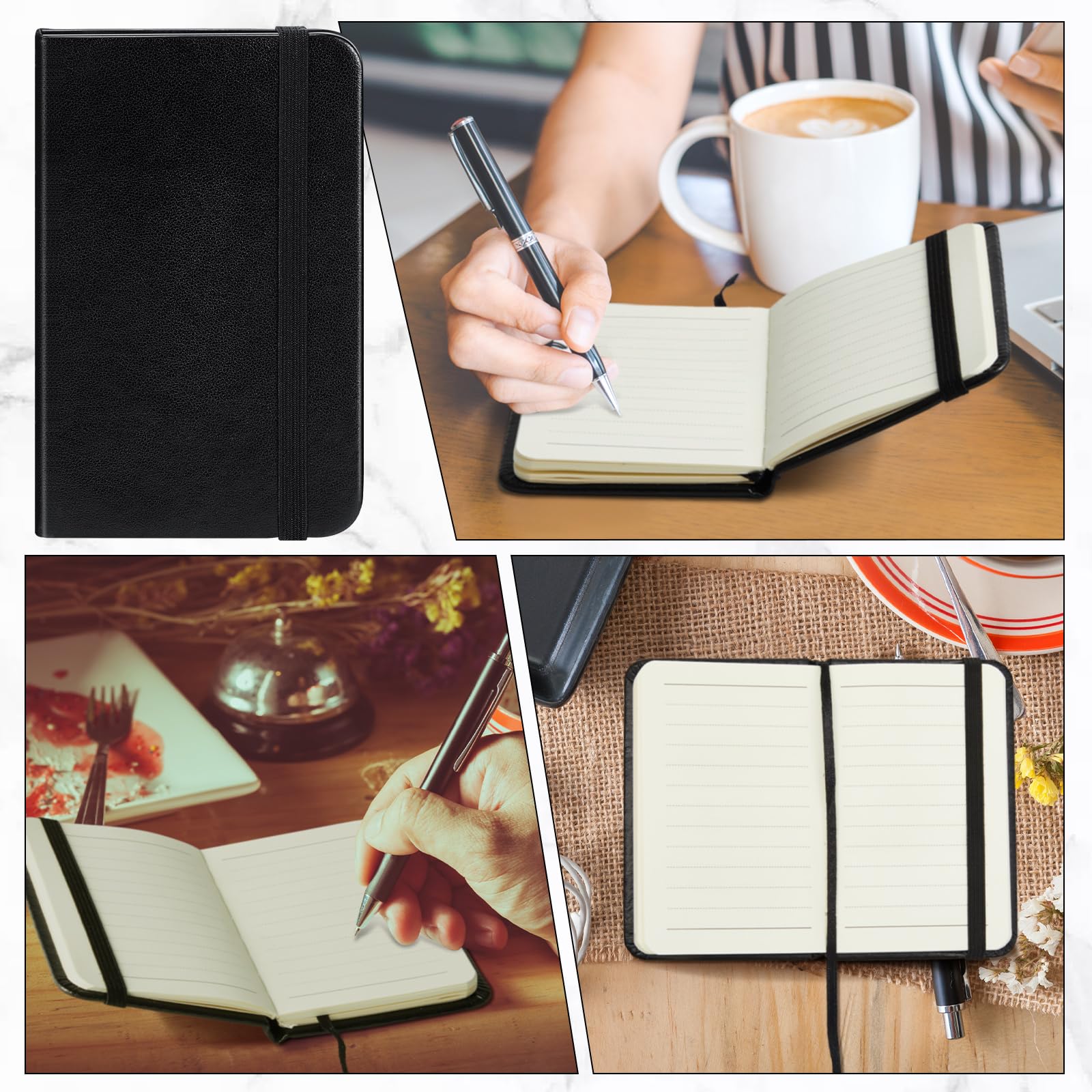 Qeeenar 10 Stück Hardcover-Leder-Notizbuch, 10,2 x 6,3 cm, kleines Notizbuch, 50 Blatt, Hardcover, Mini-Notizblock, winzig, liniert, Tagebuch für Büro, Zuhause, Schule, Schreibbedarf (schwarz)