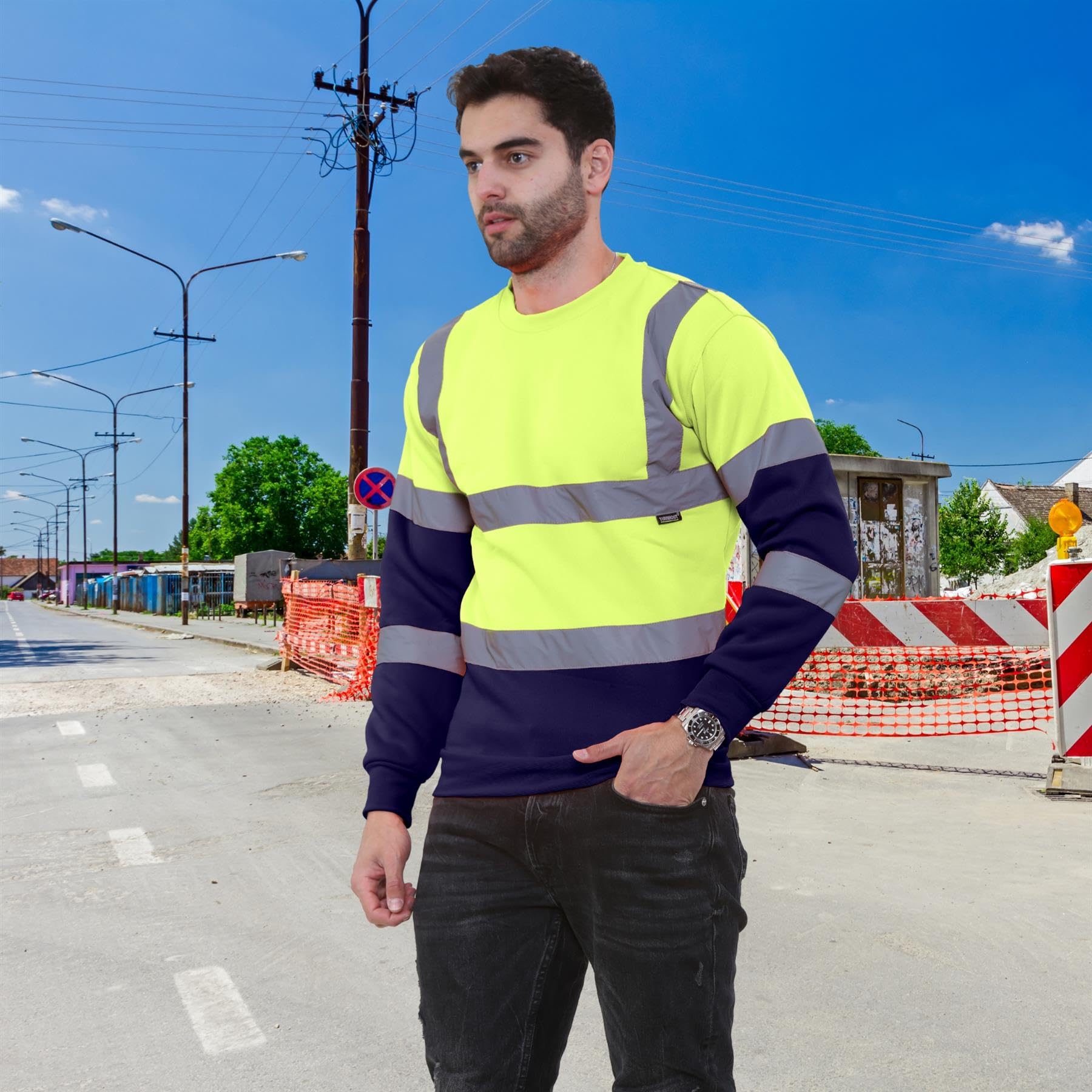 Felpa da uomo in pile riflettente ad alta visibilità, sicurezza Giallo fluo/blu navy. L