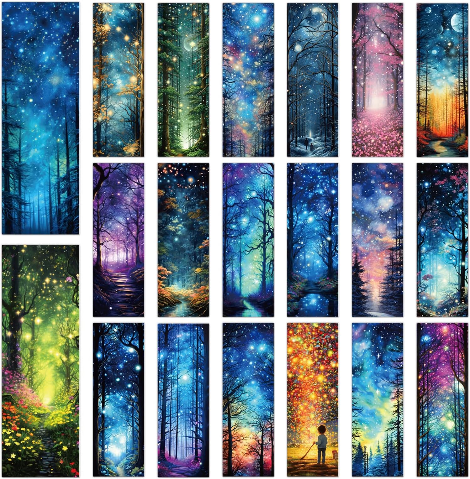 Fantasy Starry Night Forest Bookmarks - Cosmisun 100 Pcs Starry Night Sky Bookmark Paper Moon Space Book Marks Page Marker Clip Gifts for Women Men Boys Book Lovers Students Teachers Bookish Reading