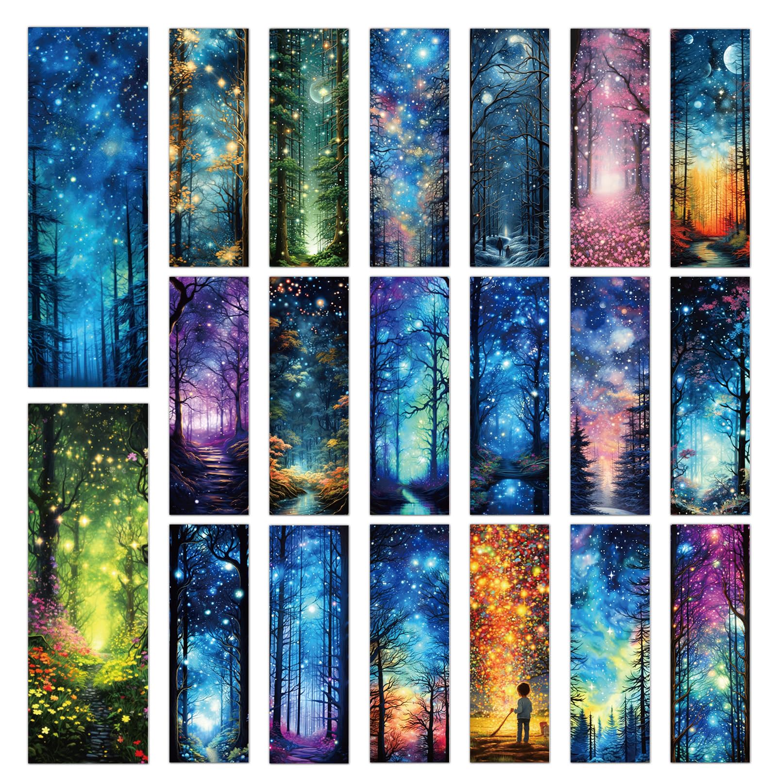 Fantasy Starry Night Forest Bookmarks - Cosmisun 100 Pcs Starry Night Sky Bookmark Paper Moon Space Book Marks Page Marker Clip Gifts for Women Men Boys Book Lovers Students Teachers Bookish Reading