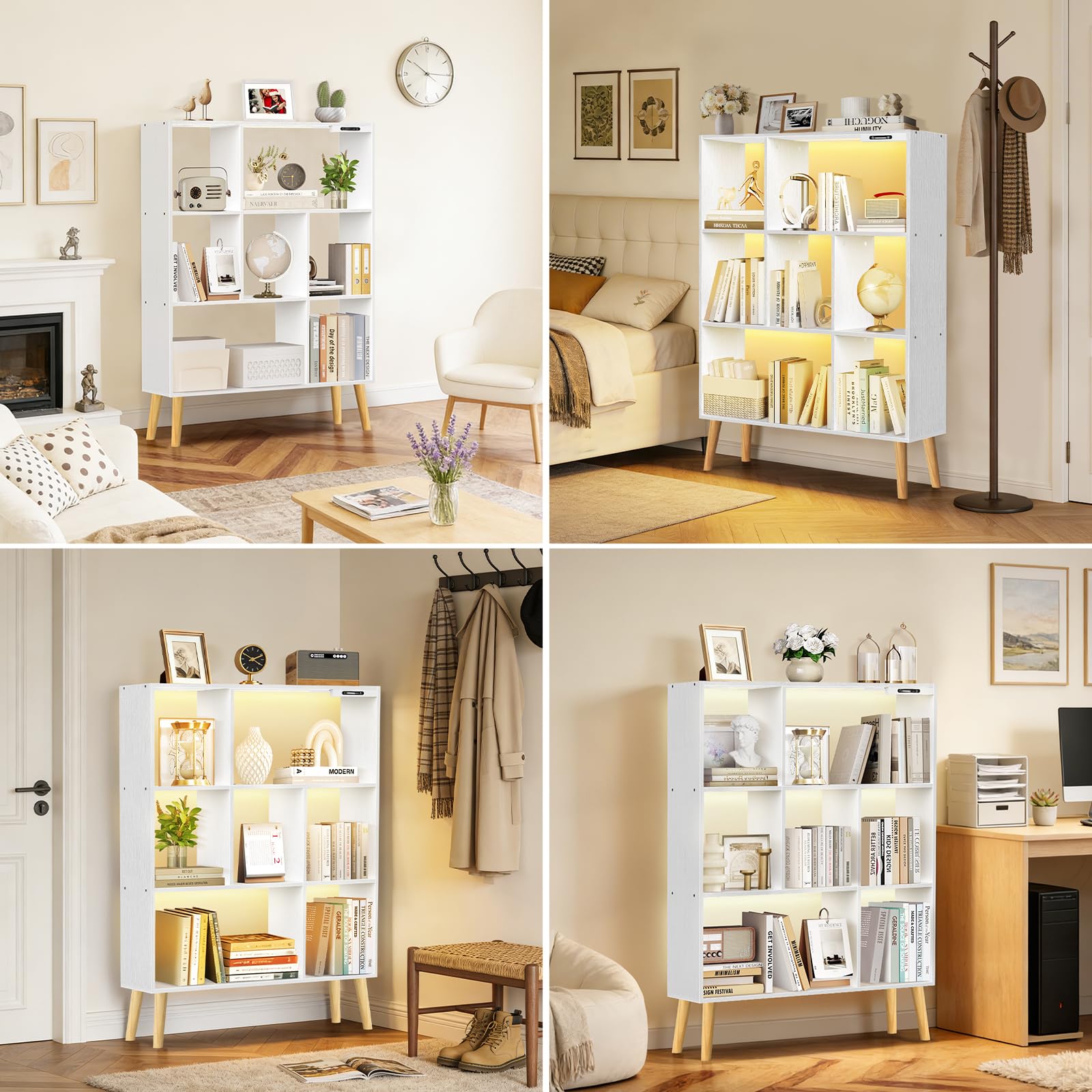 Estantería de 7 Cubos con Luces LED, Control Táctil y Remoto, Librería Moderna Independiente Regulable, Organizador de Madera para Salón, Dormitorio u Oficina