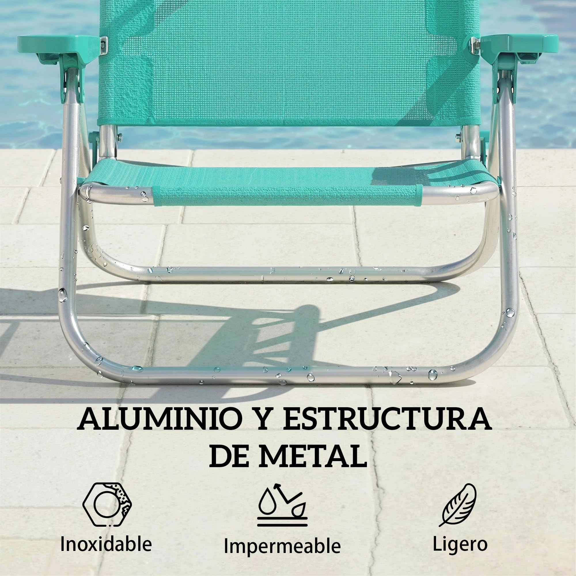 Outsunny Pack de 2 Sillas de Playa Plegables con Dosel Ajustable, Respaldo Reclinable en 6 Posiciones y Reposacabezas, Sillas Bajas Portátiles con Brazos Carga 120kg para Acampada Jardín Turquesa