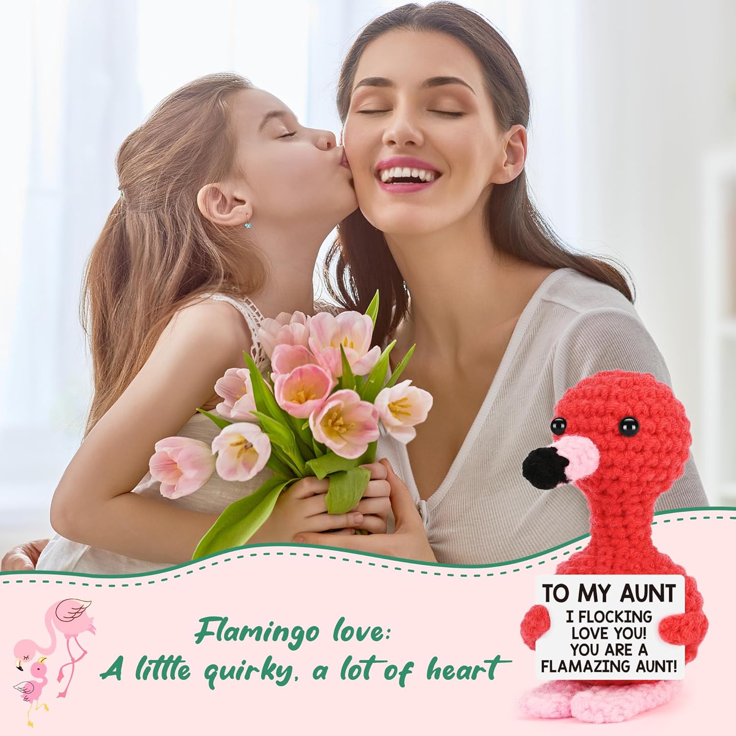 BdayPtion Aunt Birthday Gifts from Niece Nephew, Easter Gift Mothers Day I Love You Auntie Gifts, Best New Aunt Ever Gift, Funny Handmade Crochet Animals Flamingo Decoration to My Auntie Present - Image 4