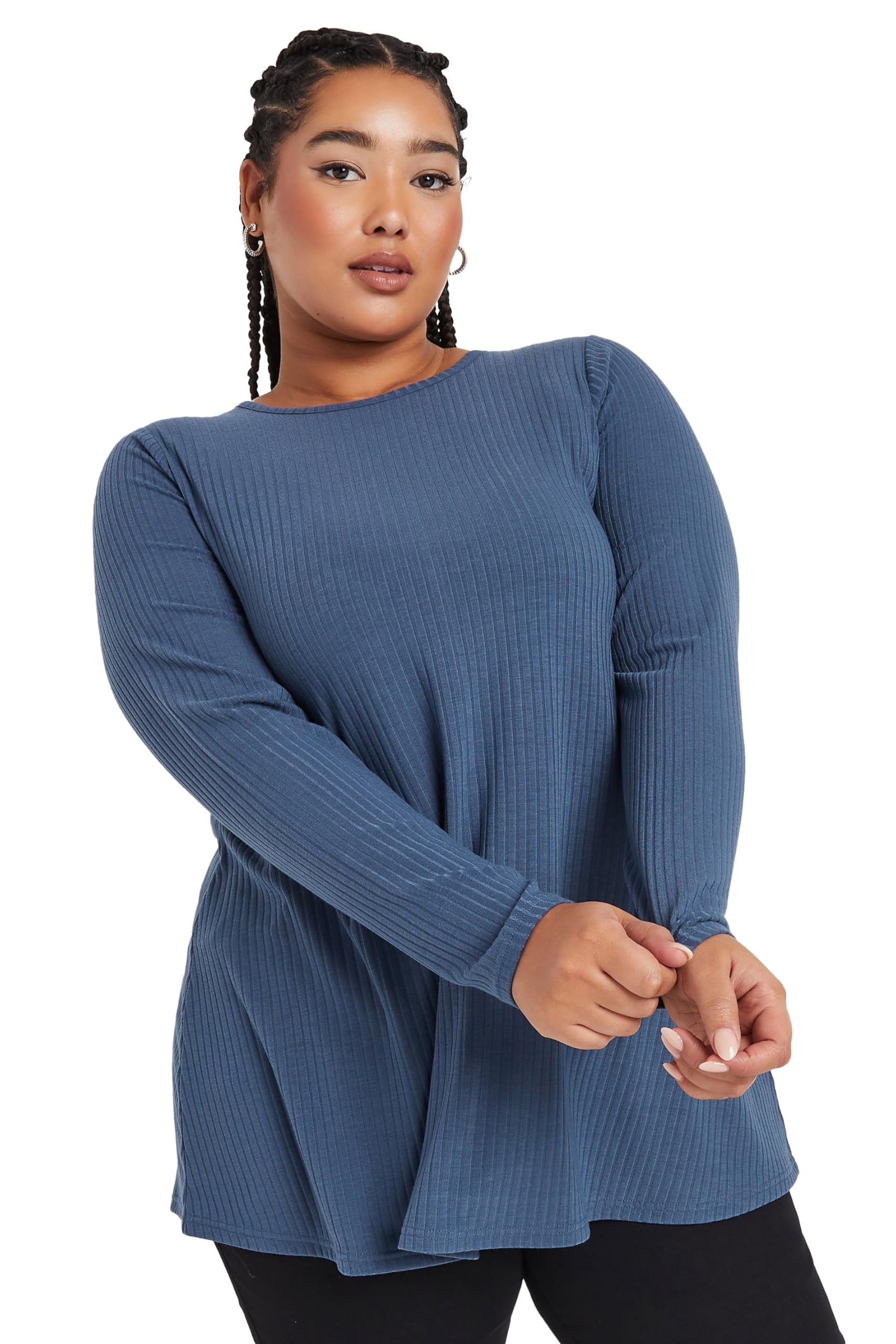 Yours Curve Long Sleeve Ribbed Swing Top - Women's - Plus Size Curve Blue