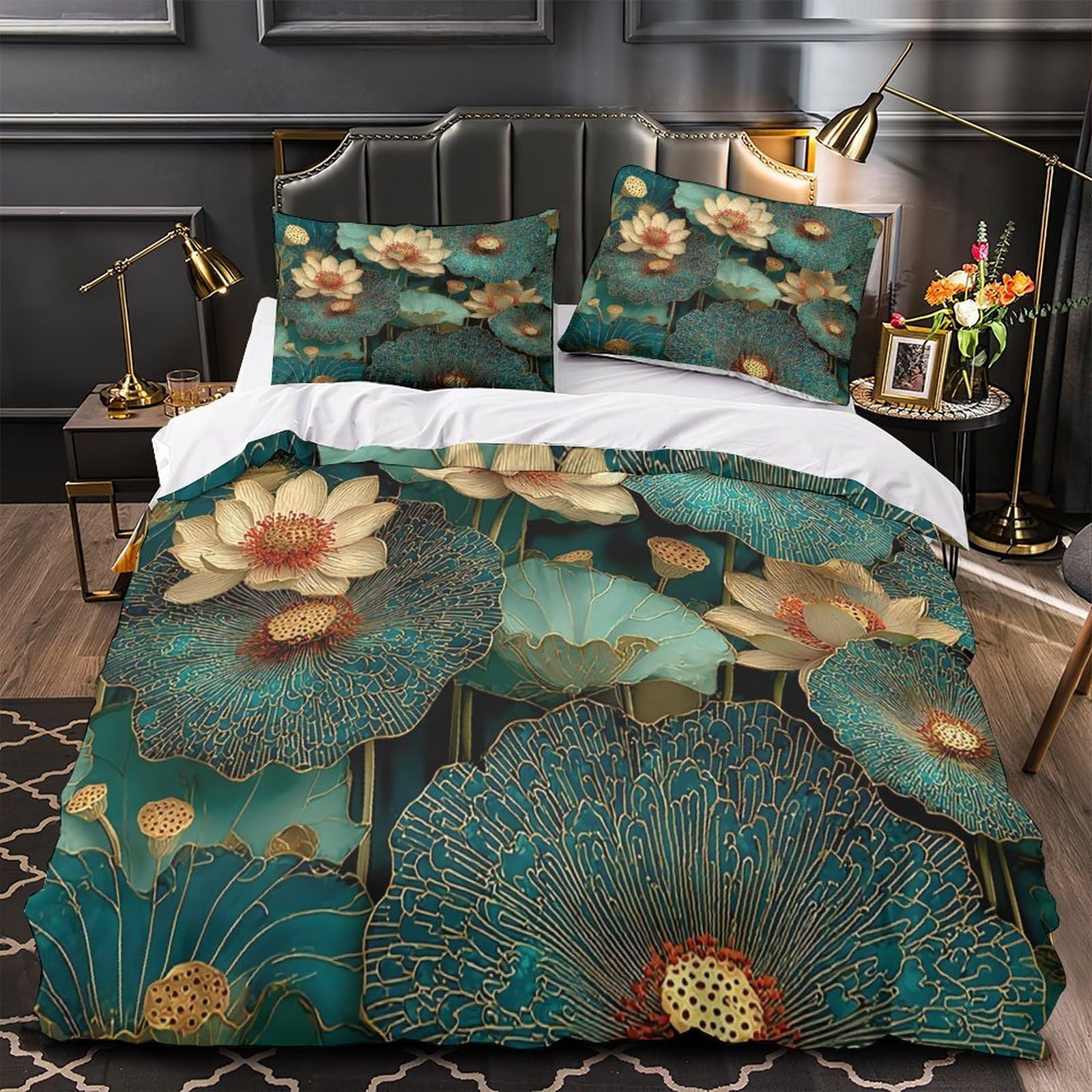 Housse de couette lit enfant 135x200cm anti-glissement avec fermeture éclair fleurs de lotus