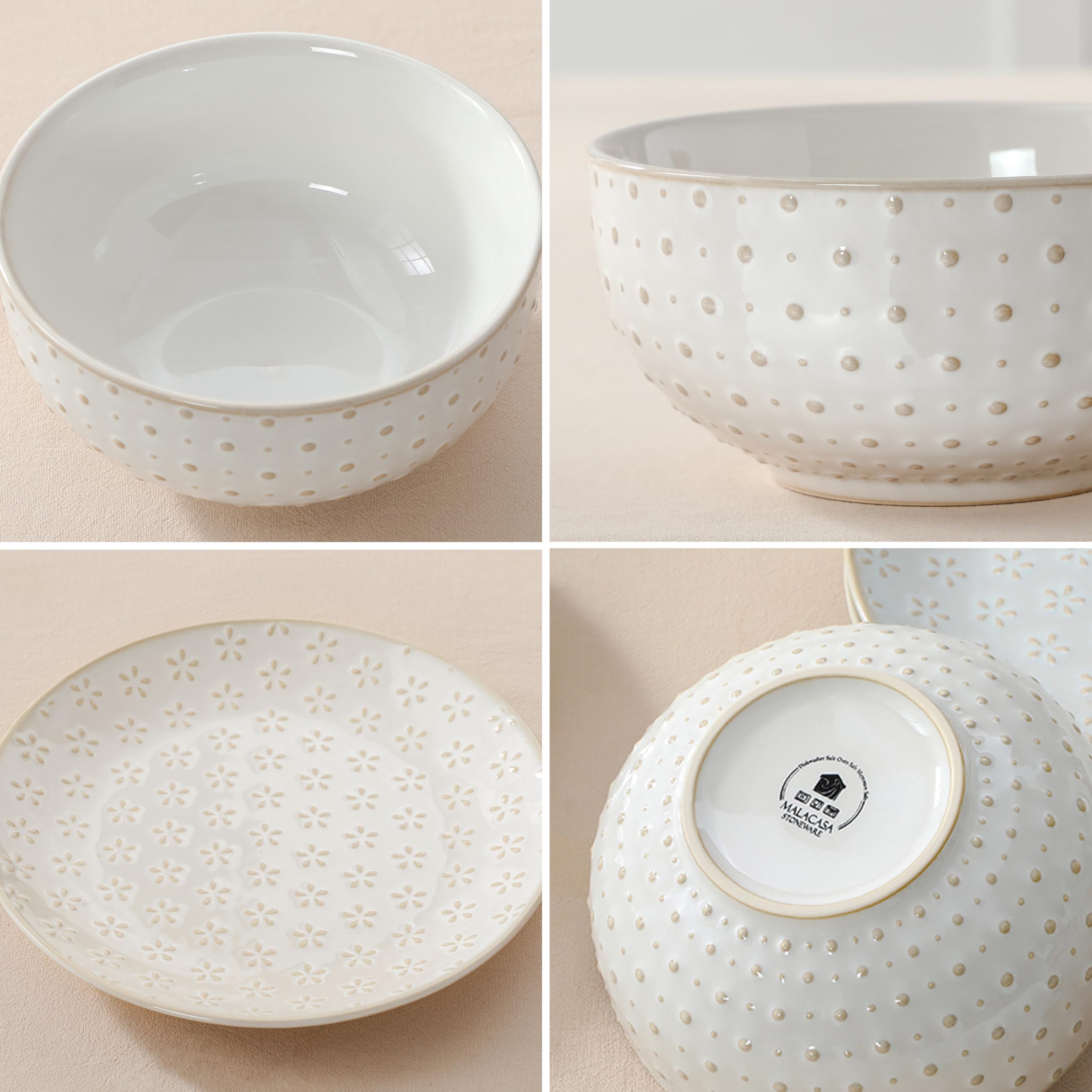 MALACASA 12-częściowy zestaw obiadowy dla 4 osób, zestawy talerzy i misek, 12 sztuk, wytłaczane zestawy obiadowe z kamionki, ceramiczne zestawy obiadowe, nadają się do kuchenki mikrofalowej, seria
