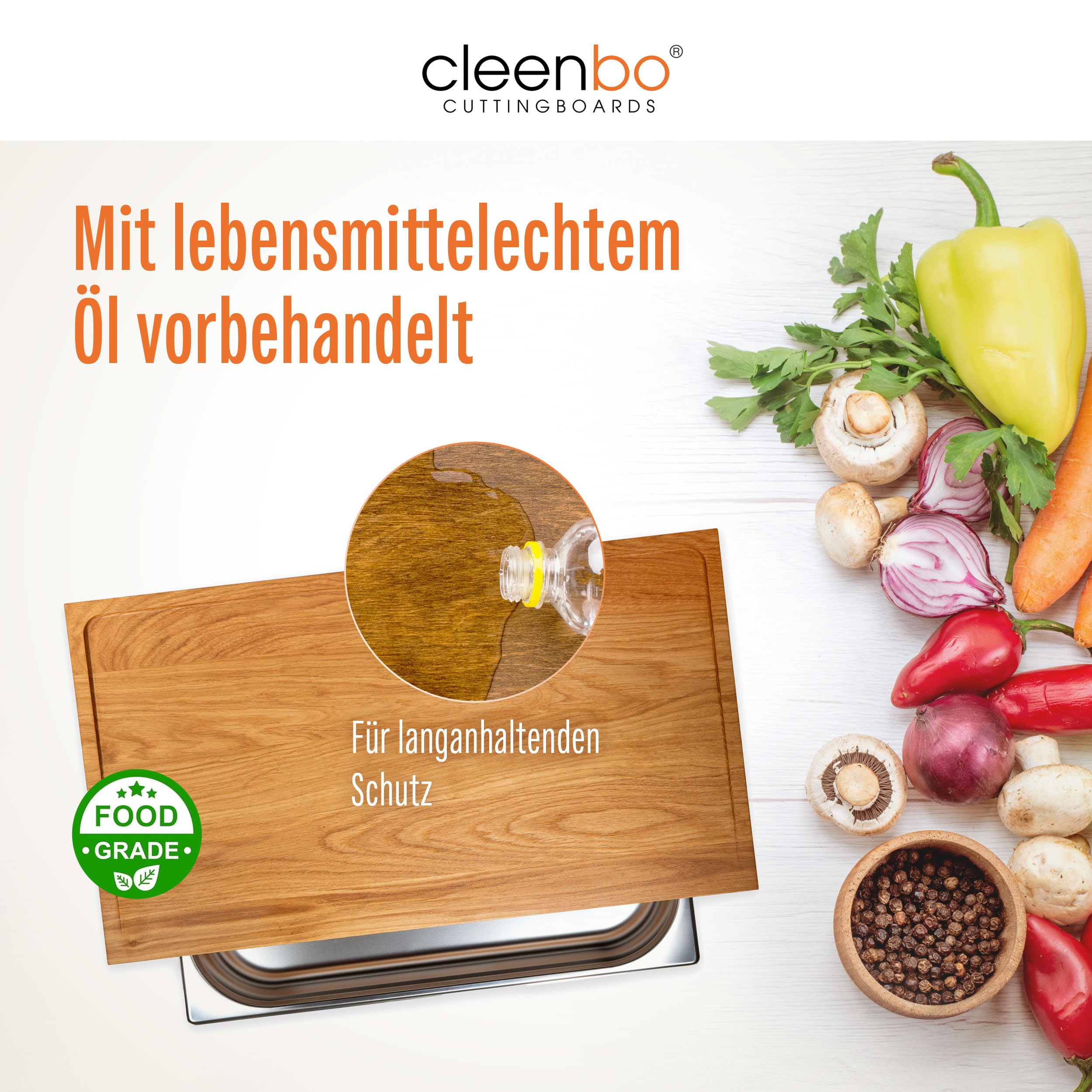 Schneidebrett Classic Oak Big bloc GN BBQ - Profi Holz Küchenbrett groß aus geölter Eiche - Hackbrett XXL mit Auffangschale - Edelstahl Auffangbehälter - Maße: 65 x 36 x 8,7 cm