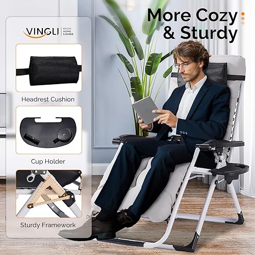 Miniatura 4 de VINGLI Silla acolchada de gravedad cero, silla de descanso con cojín y bandeja extraíbles, sillas reclinables plegables para patio, silla reclinable
