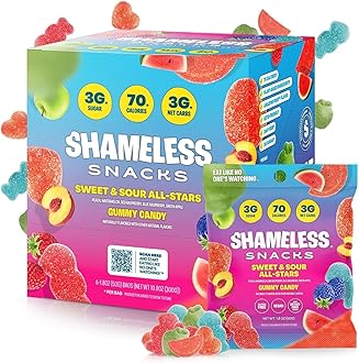 Shameless Snacks Sweet & Sour All-Stars, Sour Gummy Candy Variety Pack, Healthy, Vegan, Gluten-Free, Low Sugar, Fruit Snacks, Red Raspberry, Watermelon, Peach, Green Apple, Blue Raspberry, 6 Pack