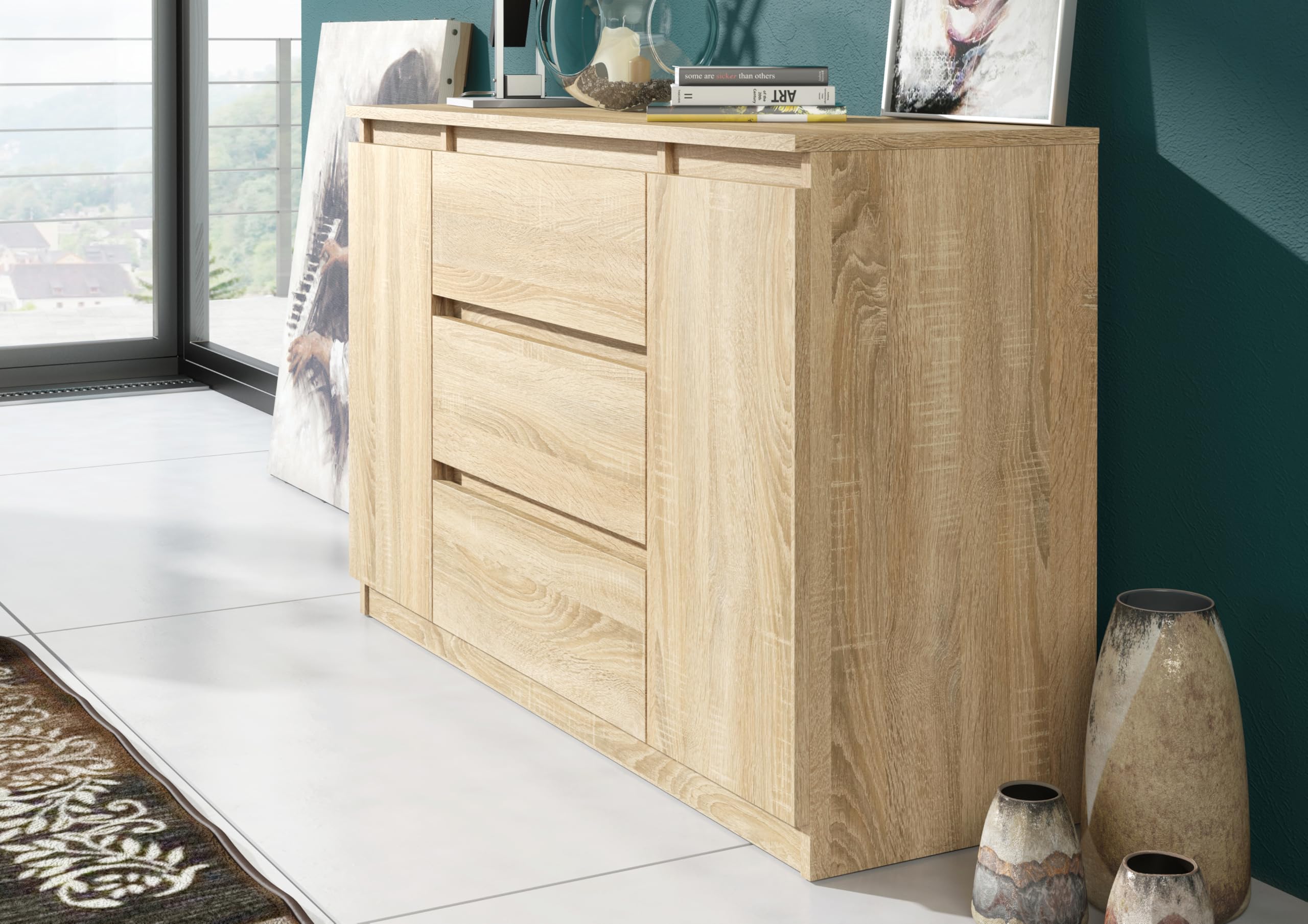 meble masztalerz Komoda Dąb Sonoma Mat z 3 szufladami i 2 drzwiami - 120,4x78,2x39 cm - Komoda do salonu, sypialni - Szafka z szufladami - Komoda z szufladami - 120 cm