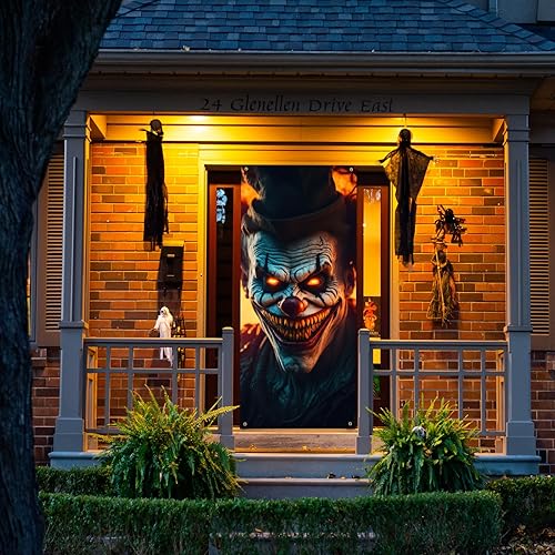 Miniatura 6 de Cubierta de puerta de fantasma de payaso malvado, decoración de puerta de Halloween, 79 x 35 pulgadas, calcomanías de payaso aterrador, carteles de