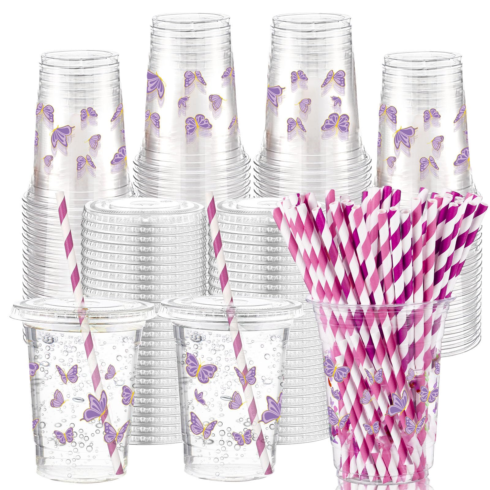 Honeydak 150 Pcs Purple Butterfly Plastic Cups Set 50 Pcs 16 oz Butterfly Clear Disposable Cups with 50 Lids and 50 Paper Straws Party Favor for