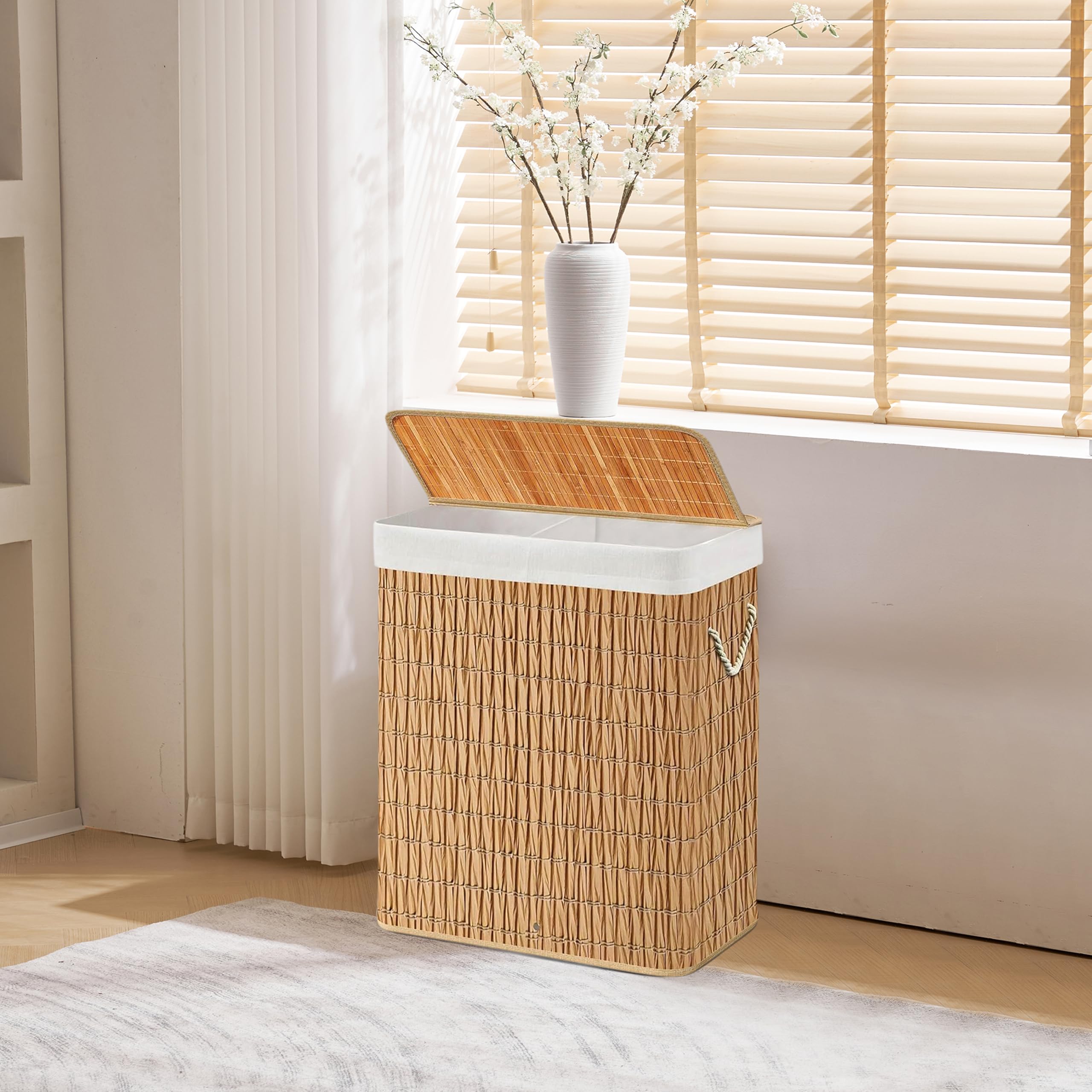 Wäschekorb 2 Fächer FALSTER XL R, 100 L Wäschesammler mit Deckel, Wäschebox Rattan mit Griffen, praktische Faltfunktion, Braun