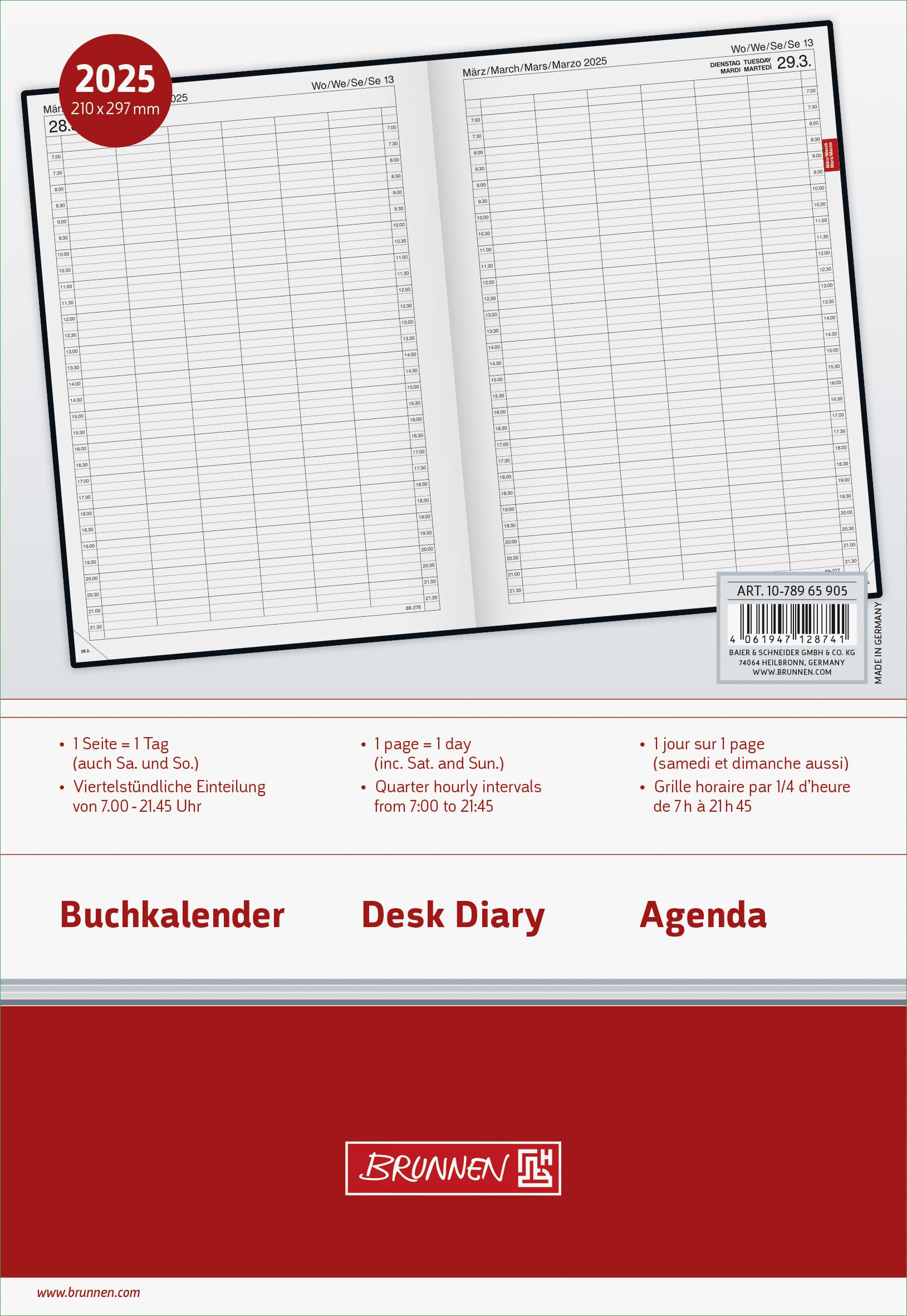BRUNNEN Book Calendar Model 789 (2025), 1 Page = 1 Day, A4, 384 Pages, Plastic Cover Reflection, Grey, gray - Image 2