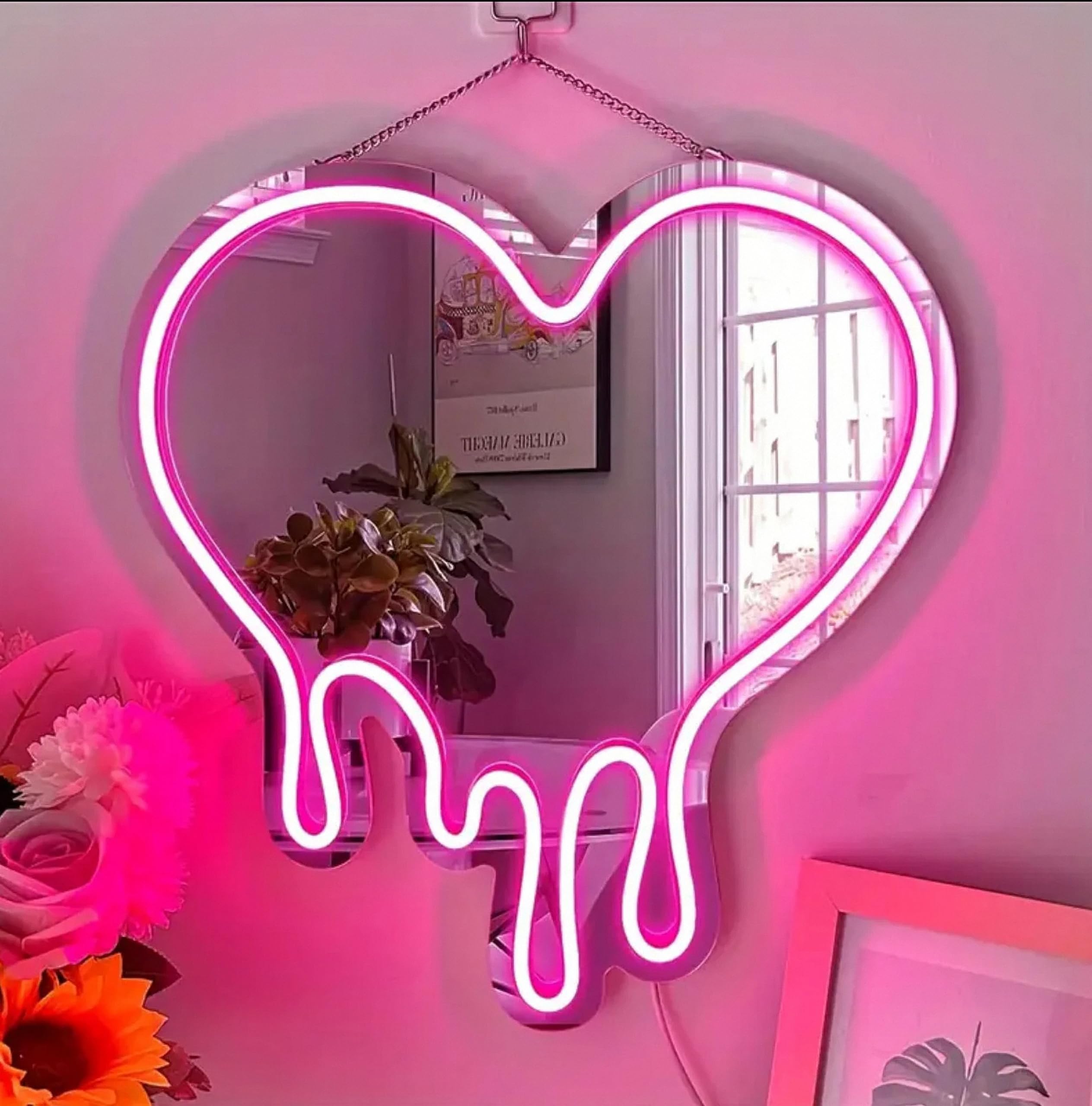 DAKABUKA Heart Neon Sign Pink Heart-Melting Neon Light Mirror LED Decorative Wall Mirror Sign for Bedroom and Girl's Room Party Studio Shop Decor Birthday Gift(38x39cm)