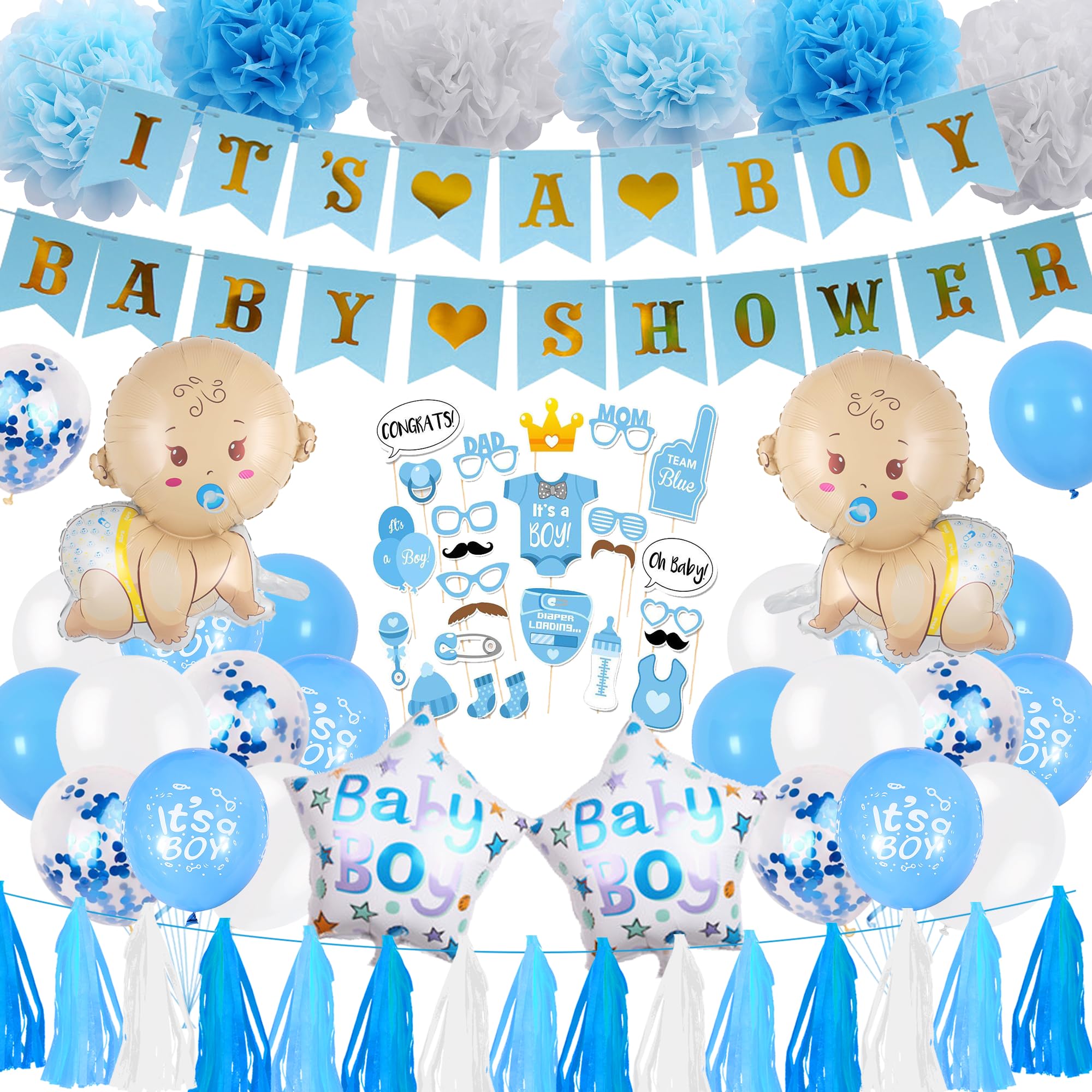 Baby Shower Decorations Boy Blue  Its a Boy Banner Balloons Photo Booth Props, Tissue Paper Pom Poms Tassel Garland for Baby Shower Party Decor