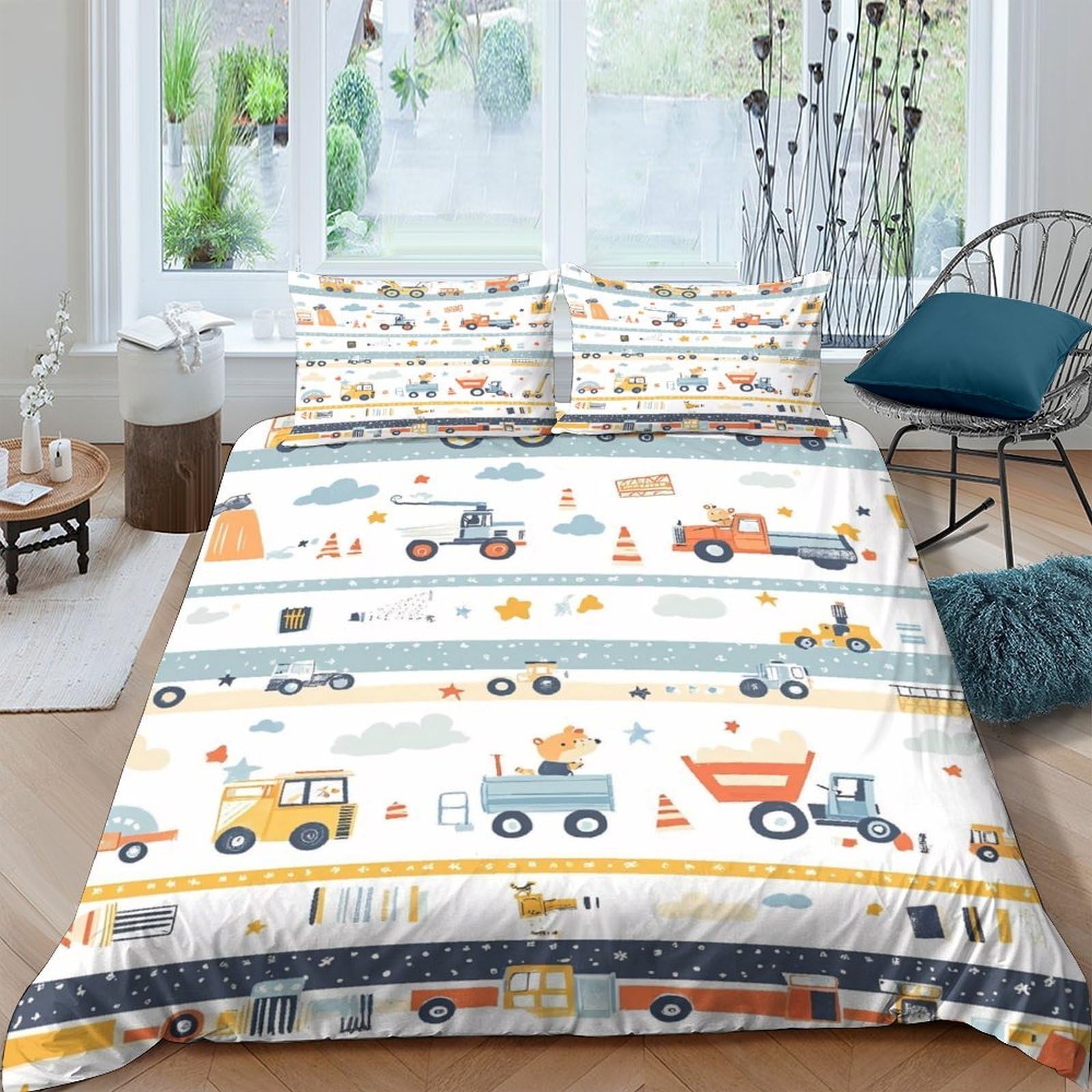 Ctjqhvkz Style-3 3D Printed Construction Vehicles Fitted Sheet Microfiber Soft Breathable Roadwork Bed Cover For Bedroom Dorm Decor Mattress Protection Single（135X200cm）