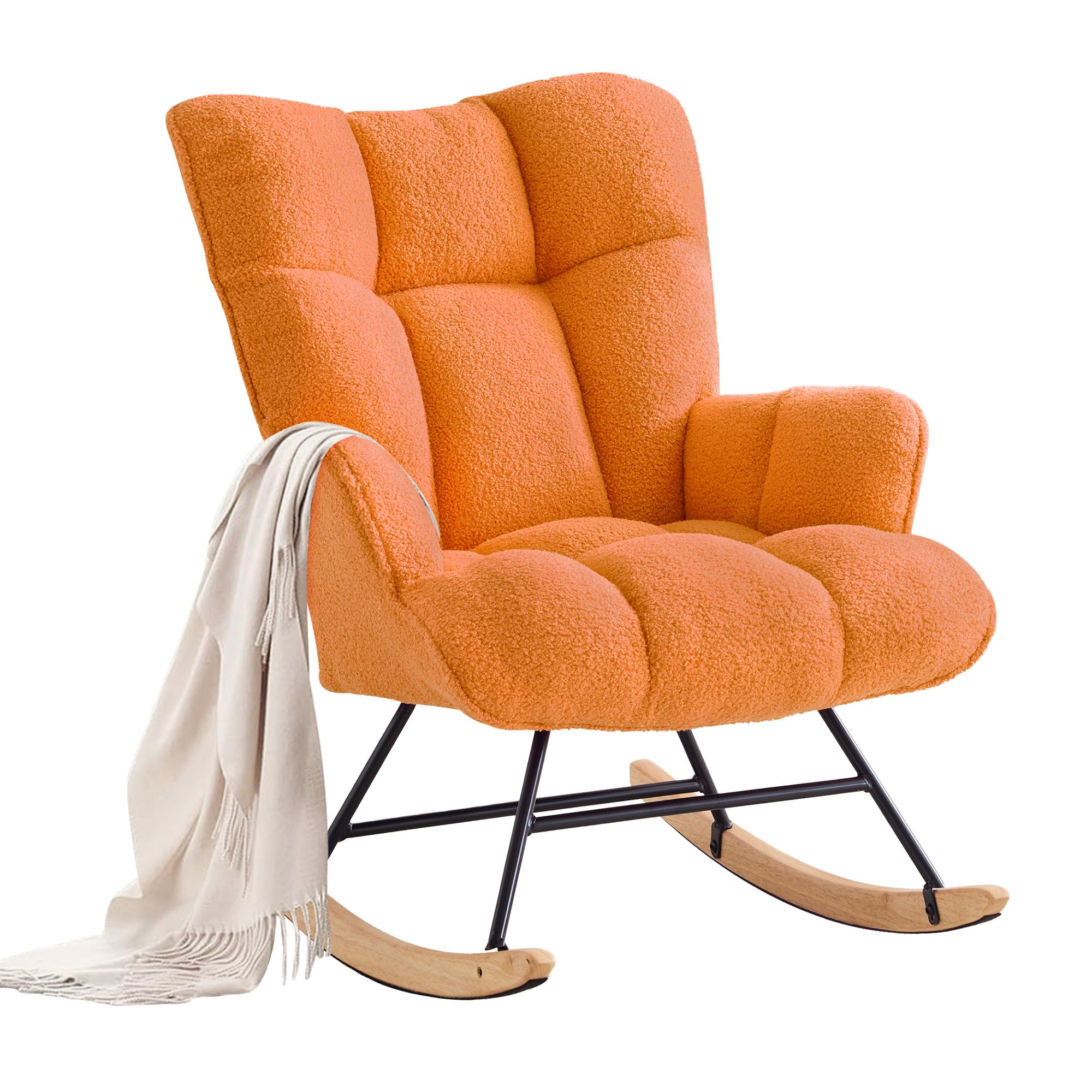 Zedachica Nursery Rocking Chair Teddy Upholstered Glider Rocker Rocking Accent Chair with High Backrest Comfy Armchair with Padded Seat Soft Side Chair for Living Room Bedroom Office (Orange Teddy)