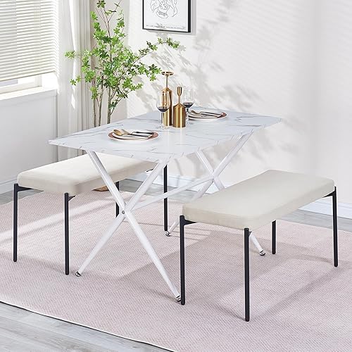 Juego de mesa de comedor para 4 mesas de cocina de mármol con 2 bancos de comedor, juego de comedor de 3 piezas para espacios pequeños y