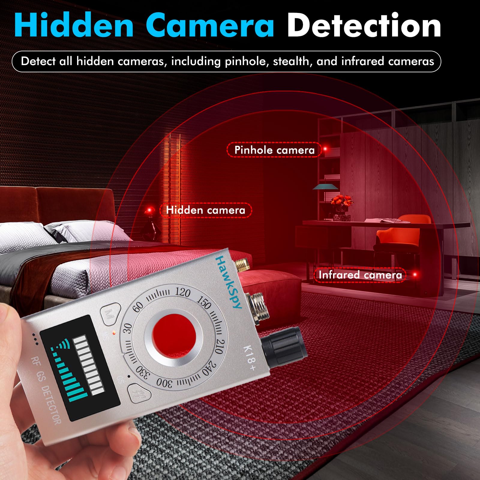 K18 Kamera Detektor & RF Signaldetektor, Elektronischer Kamerafinder mit Magnetfelderkennung, Einstellbare Empfindlichkeit, Ton- und Vibrationsalarm, Tragbar, USB-C, Silber