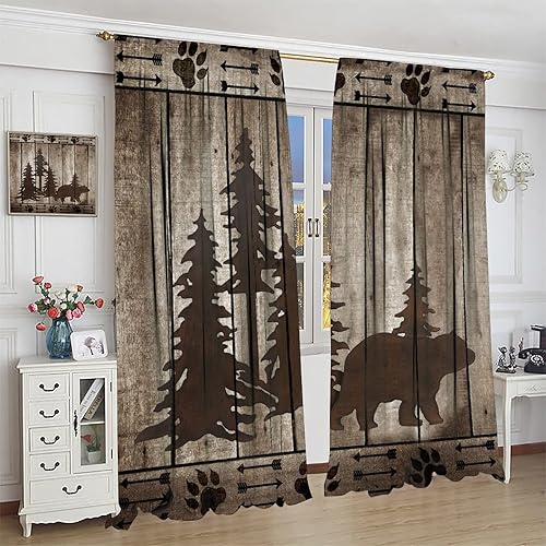 Miniatura 4 de Cortinas opacas de oso para ventana de cocina, estilo rústico, bosque de pinos, animales salvajes, oso negro, tablero de madera retro, estilo