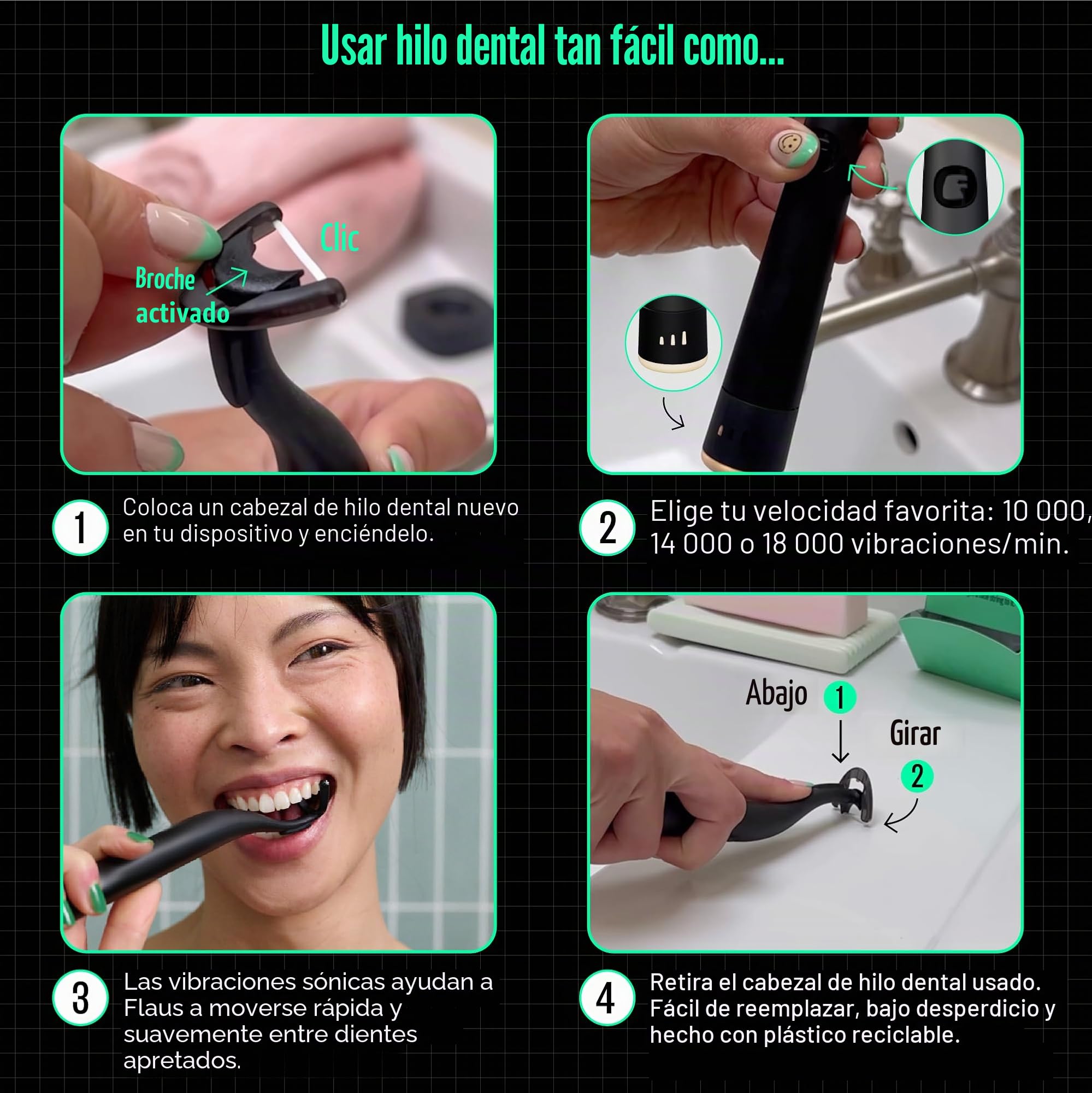 FLAUS Hilo dental eléctrico (deslizamiento suave) – Shark Tank + Lista de Oprah – Alternativa al hilo dental – Removedor de placa dental para adultos – Fácil vibración Power Flossing – Goma de mascar