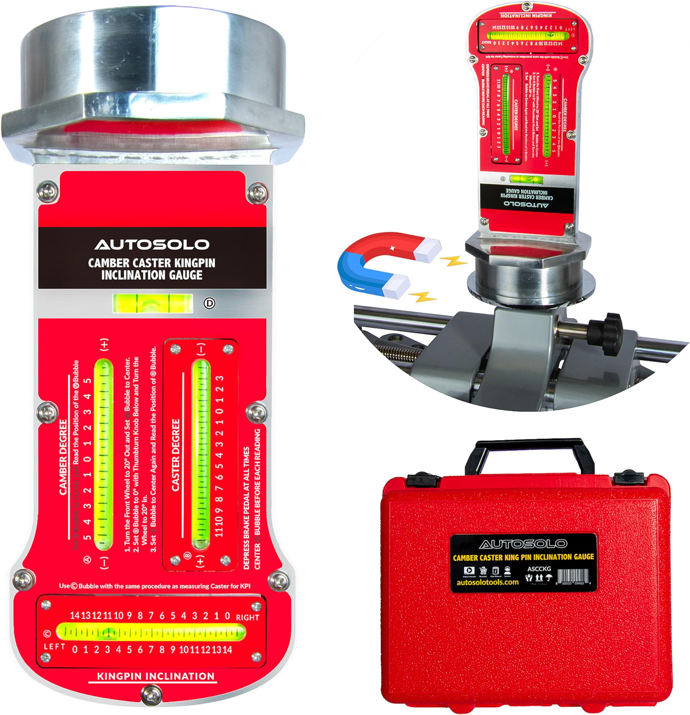 – AutoSolo Magnetic Camber Caster Alignment Tool with Kingpin Inclination - Premium Wheel Alignment Tool - Caster Camber Gauge for Your At Home Wheel Alignment Kit