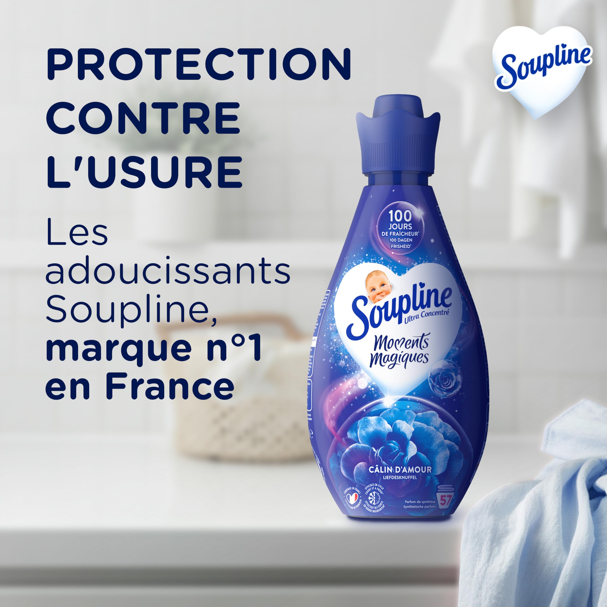 SOUPLINE - Adoucissant Concentré Soupline 3D Moments Magiques Câlin d'Amour - Formule Testée Dermatologiquement - Lot de 8 x 1,2 L