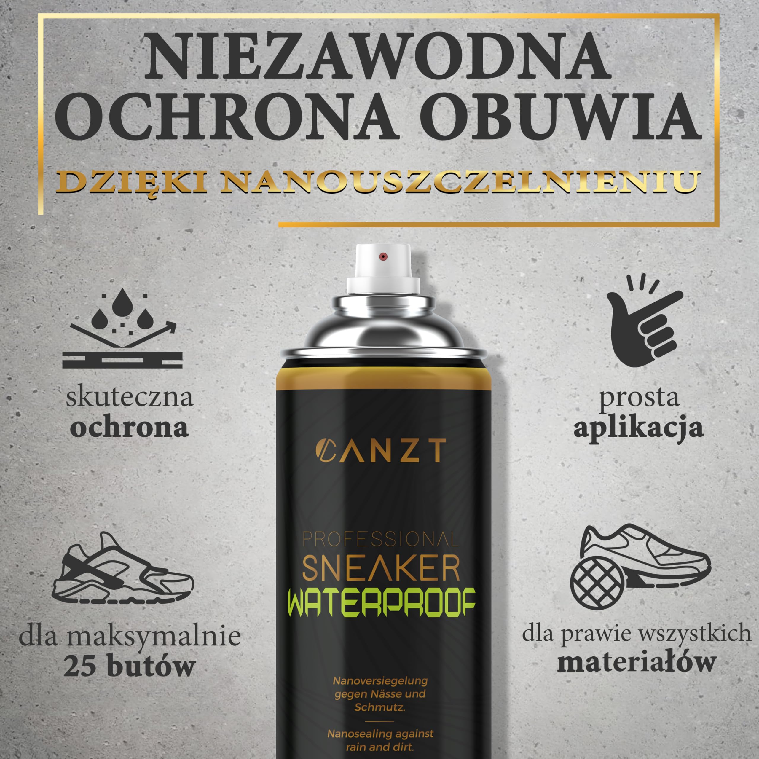 Canzt Impregnat do Butów 400 ml – Spray Ochronny do Skóry, Zamszu, Nubuku i Tkanin – Wodoodporny i Oddychający Preparat do Sneakersów i Obuwia Outdoorowego