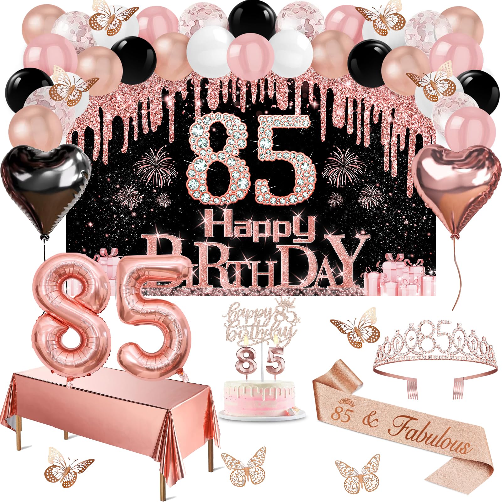 Amosking 85th Birthday Decorations for Women Rose Gold Black 49pcs — image 1