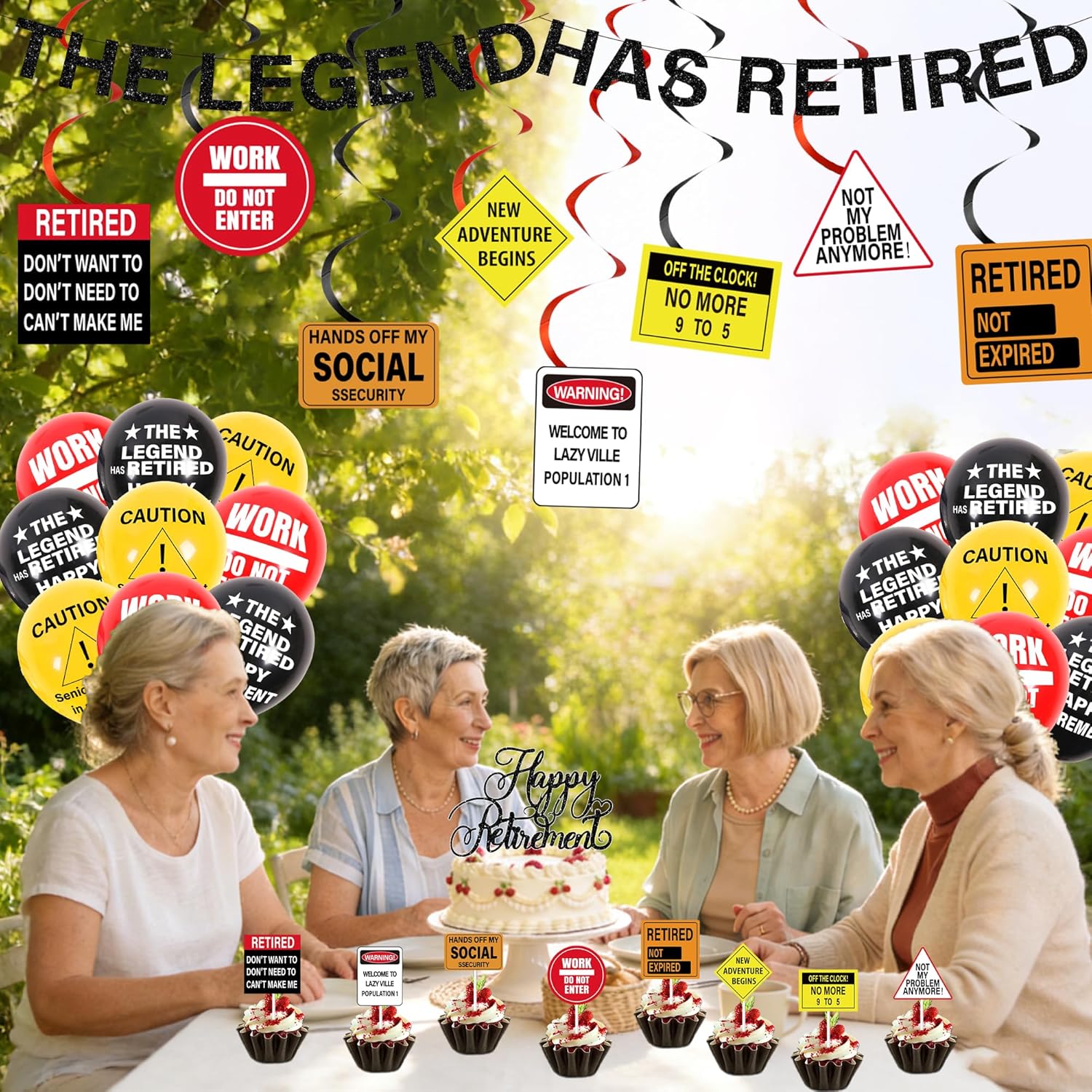 Retirement Party Decorations Balloon Supplies - 37 Pcc Caution Sign Pre-Strung Banners Hanging Swirls Cake Cupcake Toppers Balloons for Men Women Funny Driving-Theme Retired Party Decor - Image 4
