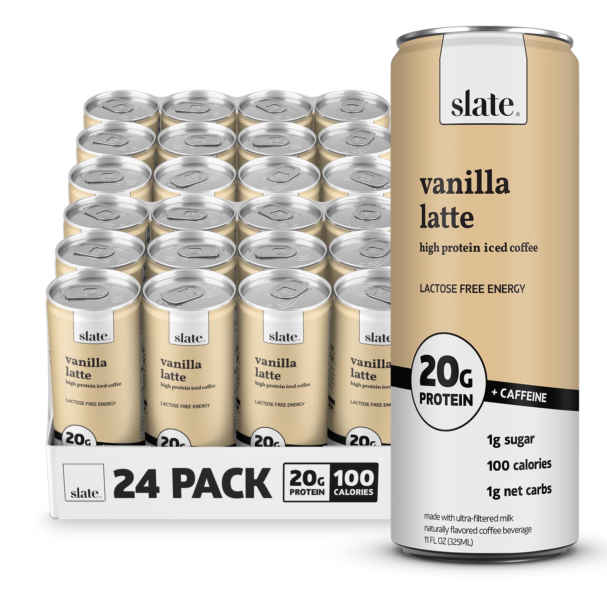 Slate Milk - High Protein Iced Coffee - Vanilla Latte - 175mg Caffeine, Lactose Free Energy - 20g Protein, 1g Sugar, 100 Calories, 1g Net Carbs, No Sugar Added - Protein Coffee - 11 fl oz, 24 Cans